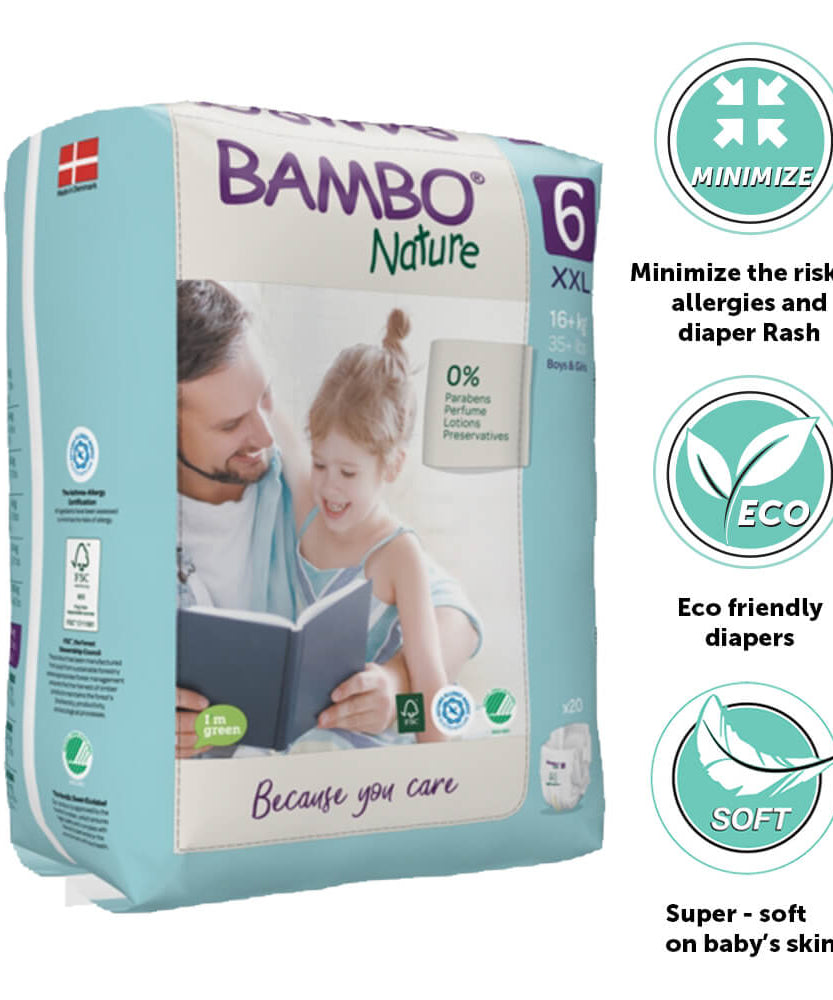 Bambo Nature Tape Style Diapers 6 - XXL 15+ kgs Pack of 20 Diapers | Skin-Friendly & Eco-Friendly - MINIMEE KIDS