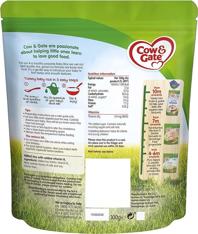 Cow & Gate Baby Rice Cereal for Babies from 4 to 6 Months – Smooth Texture First Spoonfuls with No Added Sugar | 100g Resealable Pack