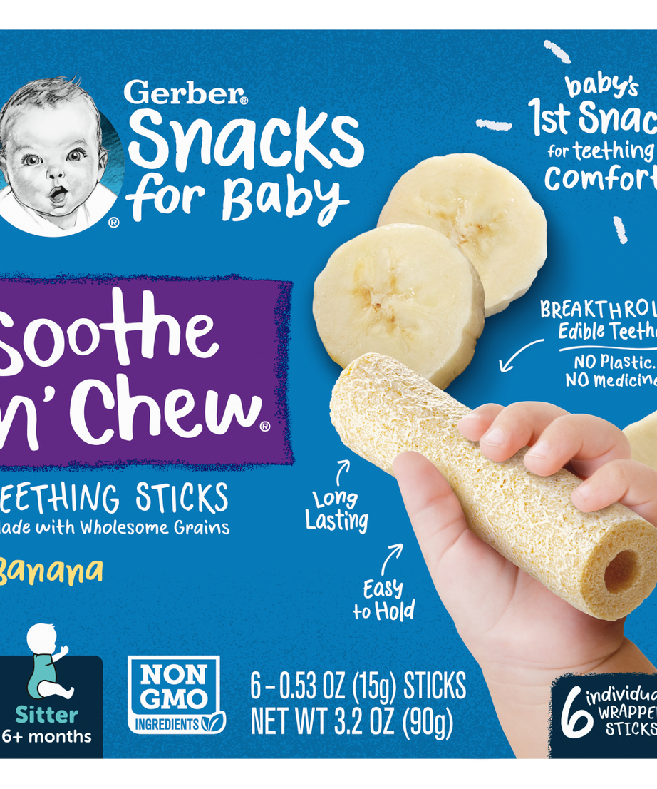 Gerber Snacks for Baby Soothe N Chew Teething Sticks | Banana | for Ages 6+ Months - 90 grams | Pack of 6 Sticks each 15g