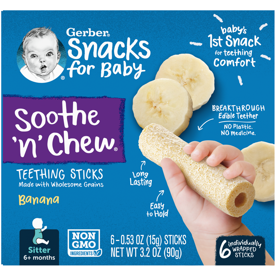 Gerber Snacks for Baby Soothe N Chew Teething Sticks | Banana | for Ages 6+ Months - 90 grams | Pack of 6 Sticks each 15g