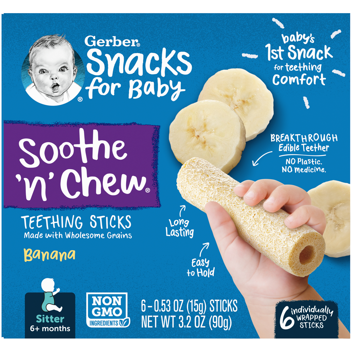 Gerber Snacks for Baby Soothe N Chew Teething Sticks | Banana | for Ages 6+ Months - 90 grams | Pack of 6 Sticks each 15g