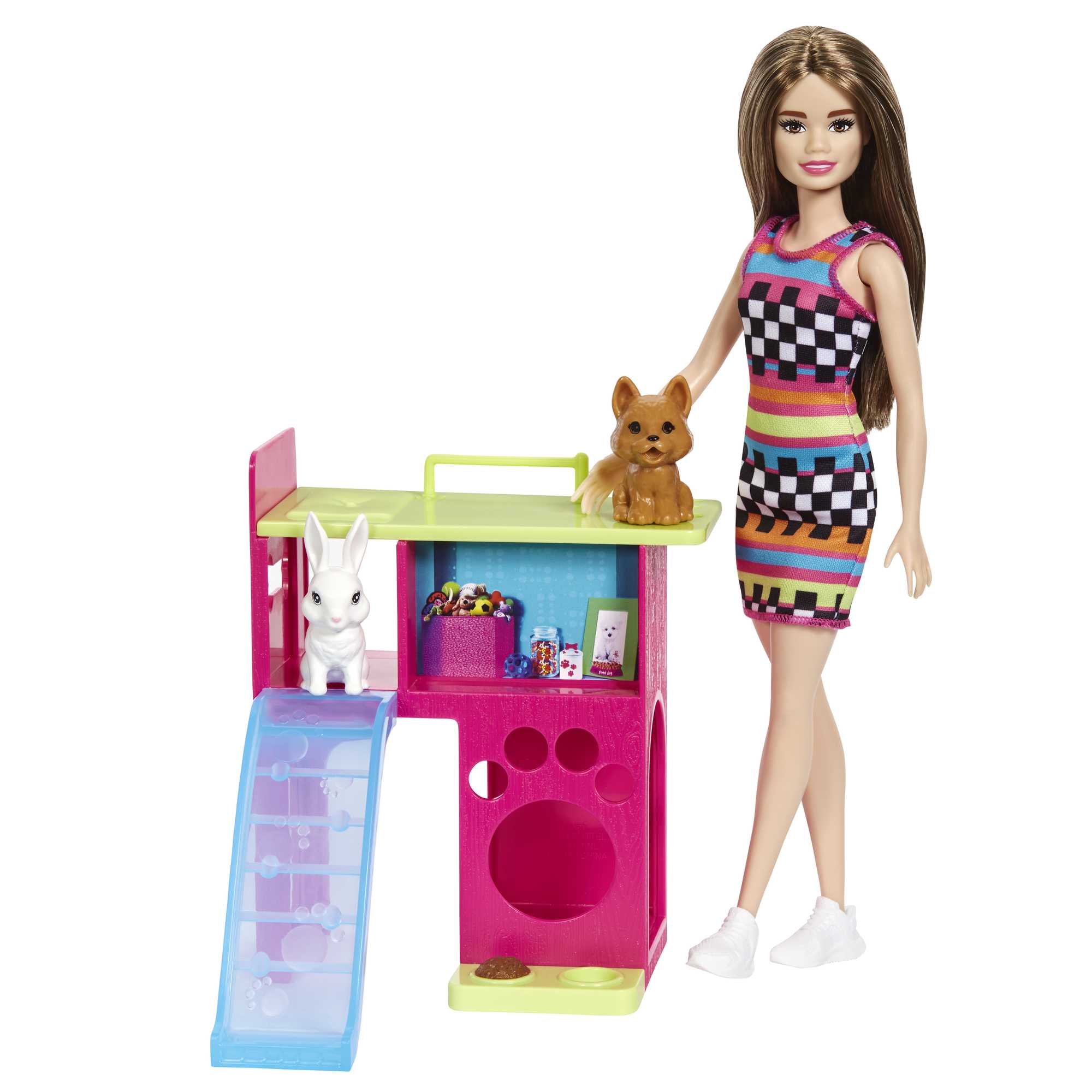 Barbie Doll and Pet Playhouse Playset for Kids Ages 3+ with Puppy & Bunny, Multi-Level Playhouse with Slide & Hideouts – HGM62