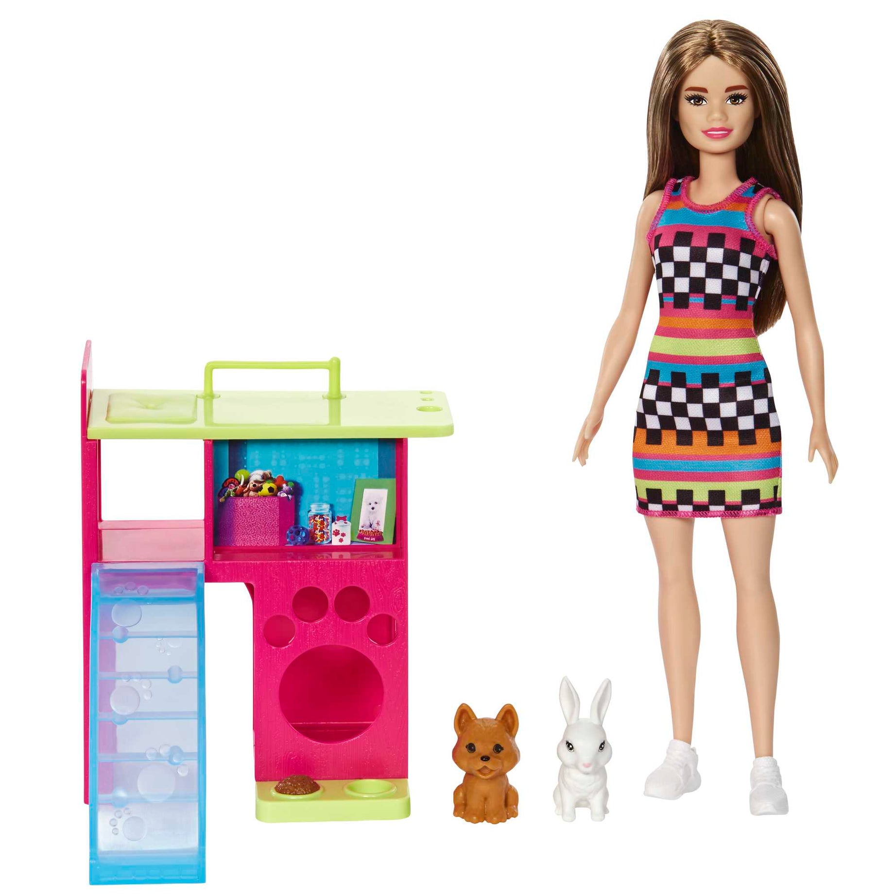 Barbie Doll and Pet Playhouse Playset for Kids Ages 3+ with Puppy & Bunny, Multi-Level Playhouse with Slide & Hideouts – HGM62