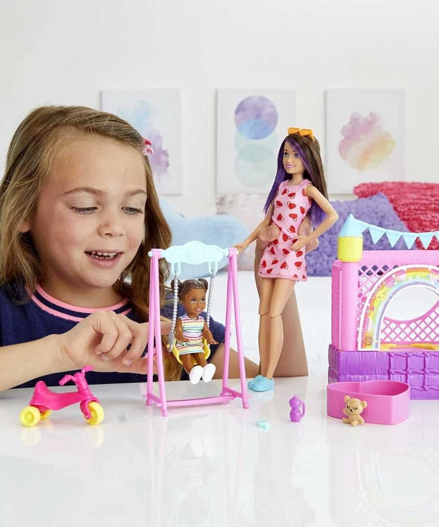 Barbie Skipper Babysitters INC Playset with Bounce House, Swing & Tricycle – Fun Playground Adventure for Kids 3+ Years - MINIMEE KIDS