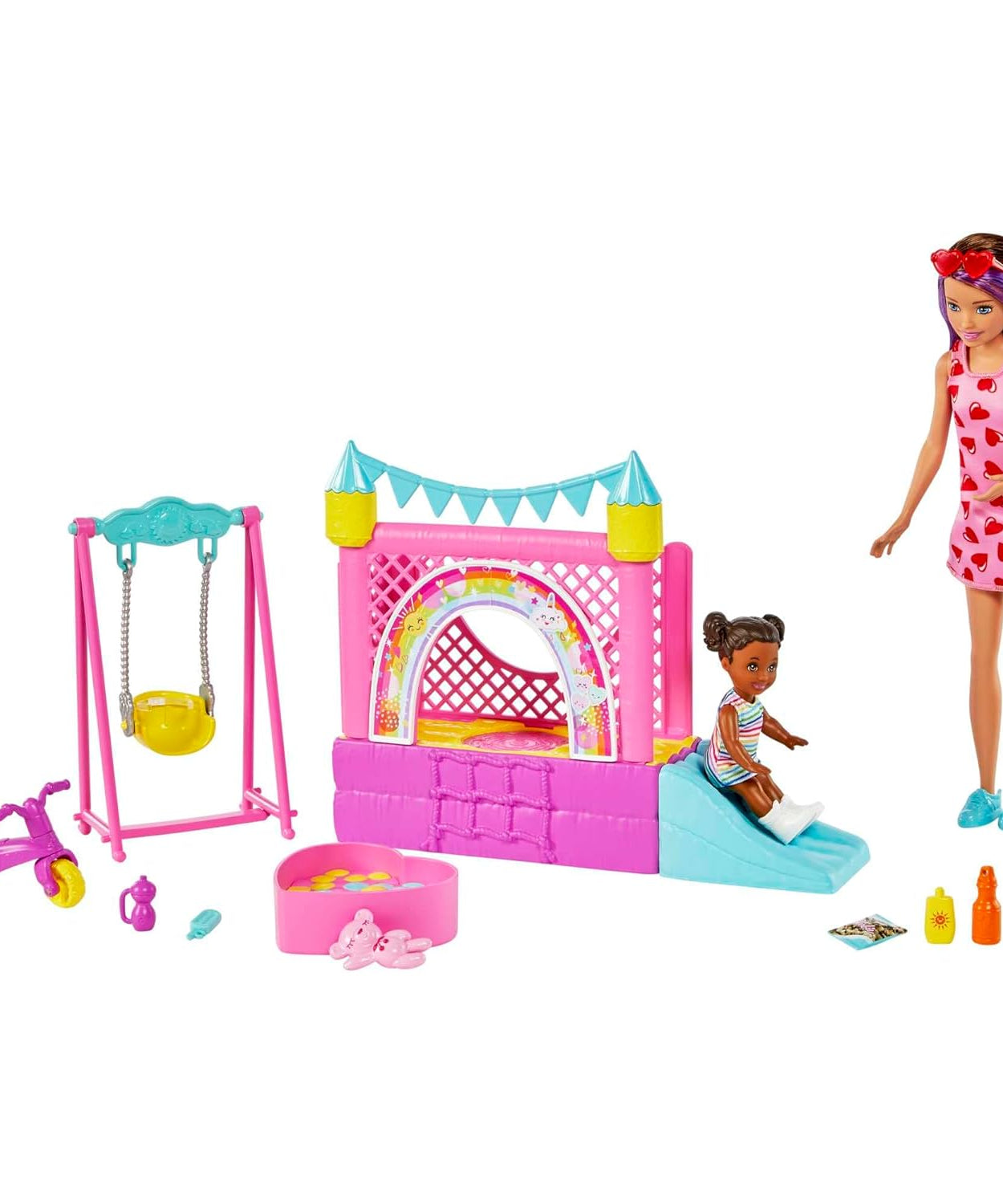 Barbie Skipper Babysitters INC Playset with Bounce House, Swing & Tricycle – Fun Playground Adventure for Kids 3+ Years - MINIMEE KIDS