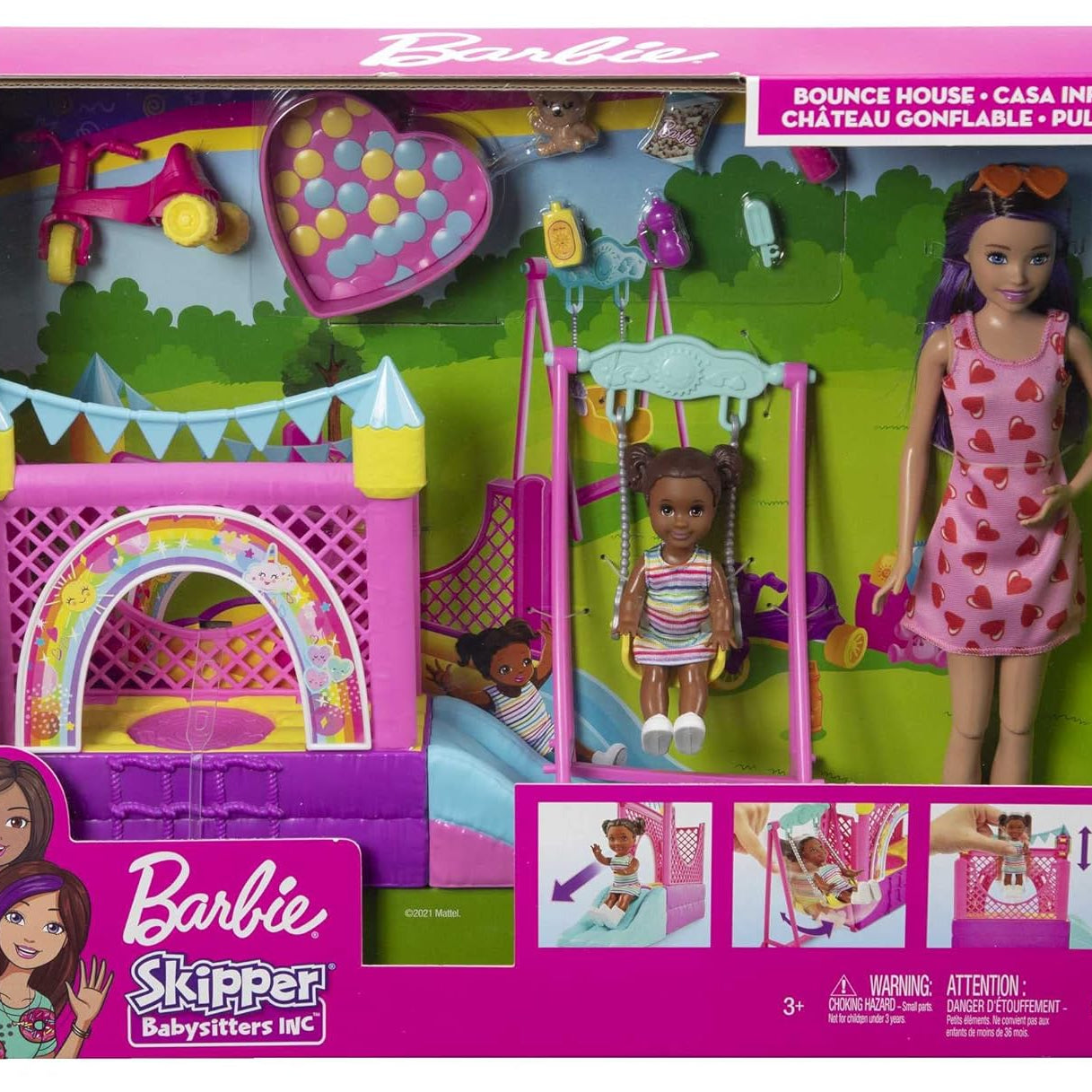 Barbie Skipper Babysitters INC Playset with Bounce House and Swing - Fun Playground for 3+ Years