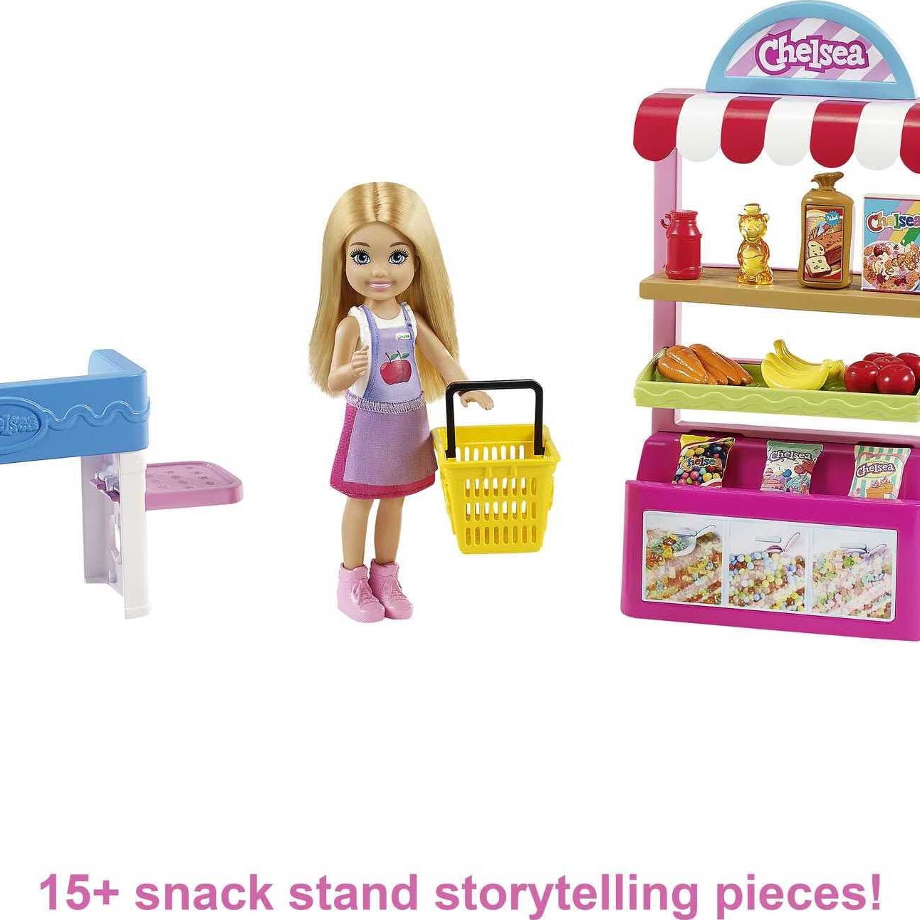 Barbie Chelsea Can Be…™ Snack Stand Playset with Blonde Small Doll, Checkout Counter, Weighing Scale & 15+ Grocery-Themed Accessories for Imaginative Shopping Fun