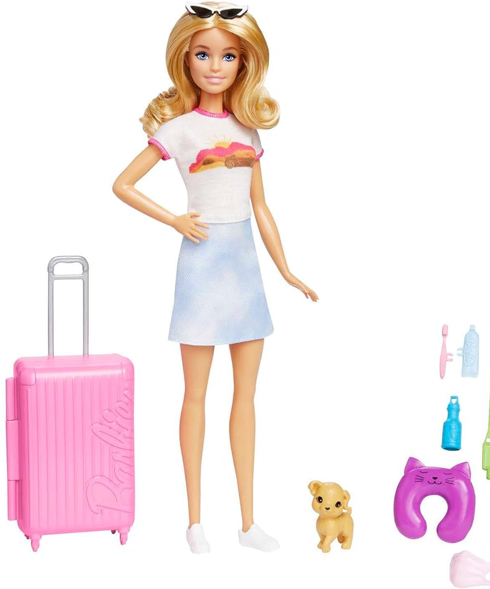 Barbie Doll and Accessories, ‘Malibu’ Travel Set with Puppy, 10+ Pieces, Working Suitcase, Blonde Hair, HJY18