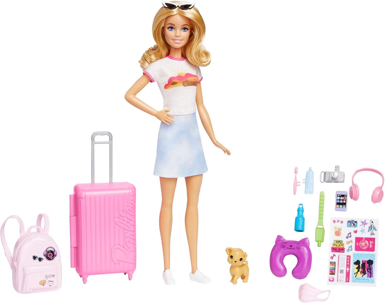Barbie Doll and Accessories, ‘Malibu’ Travel Set with Puppy, 10+ Pieces, Working Suitcase, Blonde Hair, HJY18
