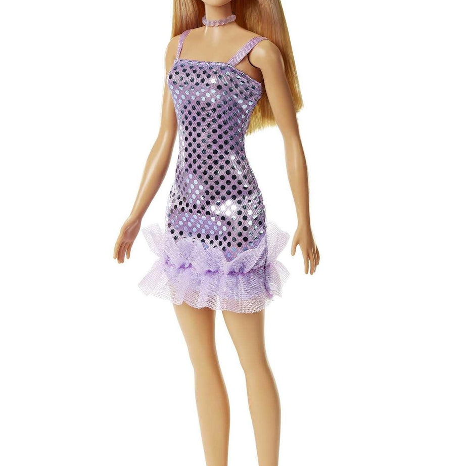 Barbie Blonde Hair Doll in Lavender Metallic Mini Dress with High Heels & Accessories – Fashion Play Doll for Kids 3+ Years | HJR93