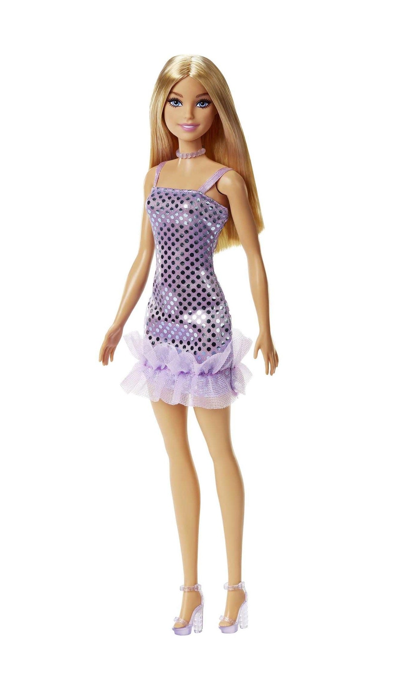 Barbie Blonde Hair Doll in Lavender Metallic Mini Dress with High Heels & Accessories – Fashion Play Doll for Kids 3+ Years | HJR93