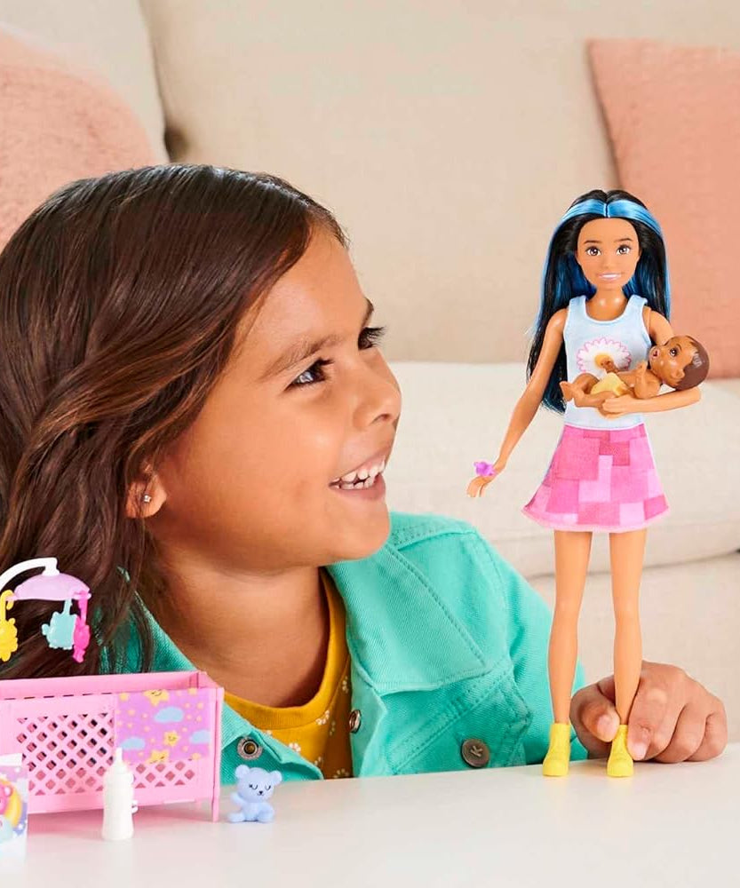 Barbie Skipper Babysitters Crib Playset With Latina Friend Doll, Baby Doll with Sleepy Eyes, Furniture and Themed Accessories For Kids Ages 3 Years & Up