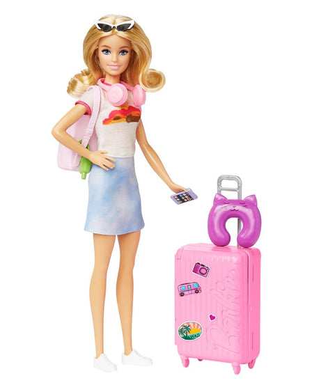 Barbie Doll and Accessories, ‘Malibu’ Travel Set with Puppy, 10+ Pieces, Working Suitcase, Blonde Hair, HJY18