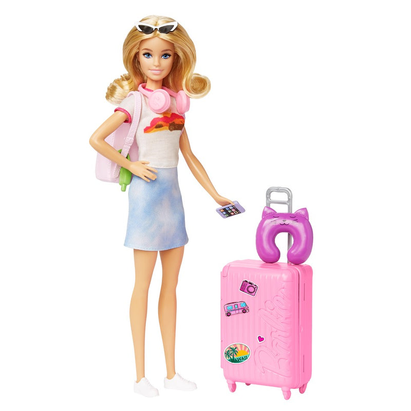 Barbie Doll and Accessories, ‘Malibu’ Travel Set with Puppy, 10+ Pieces, Working Suitcase, Blonde Hair, HJY18