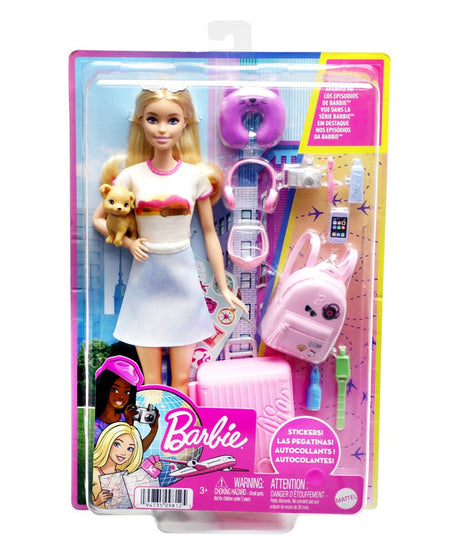 Barbie Doll and Accessories, ‘Malibu’ Travel Set with Puppy, 10+ Pieces, Working Suitcase, Blonde Hair, HJY18