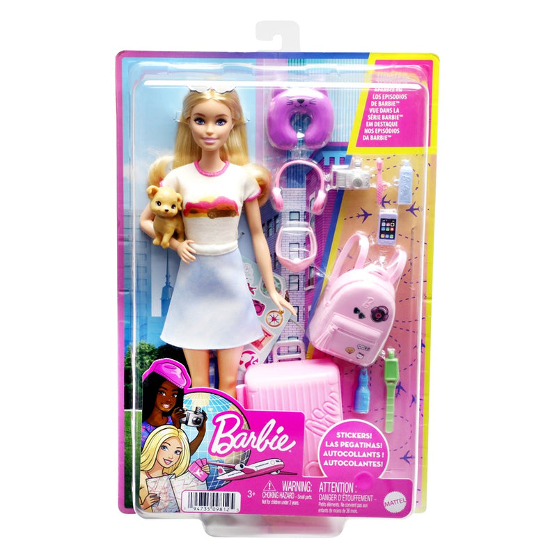 Barbie Doll and Accessories, ‘Malibu’ Travel Set with Puppy, 10+ Pieces, Working Suitcase, Blonde Hair, HJY18