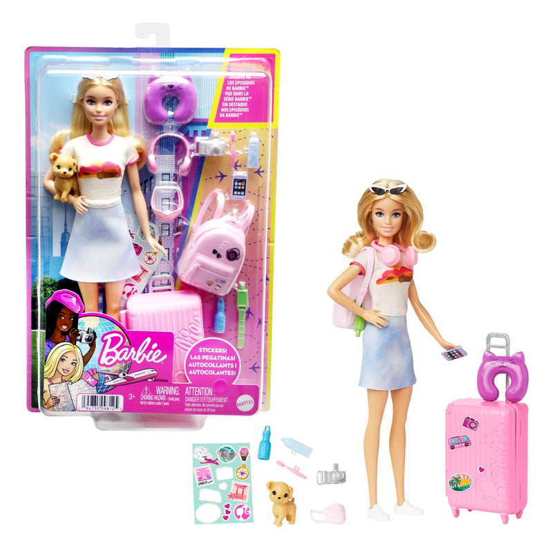 Barbie Doll and Accessories, ‘Malibu’ Travel Set with Puppy, 10+ Pieces, Working Suitcase, Blonde Hair, HJY18