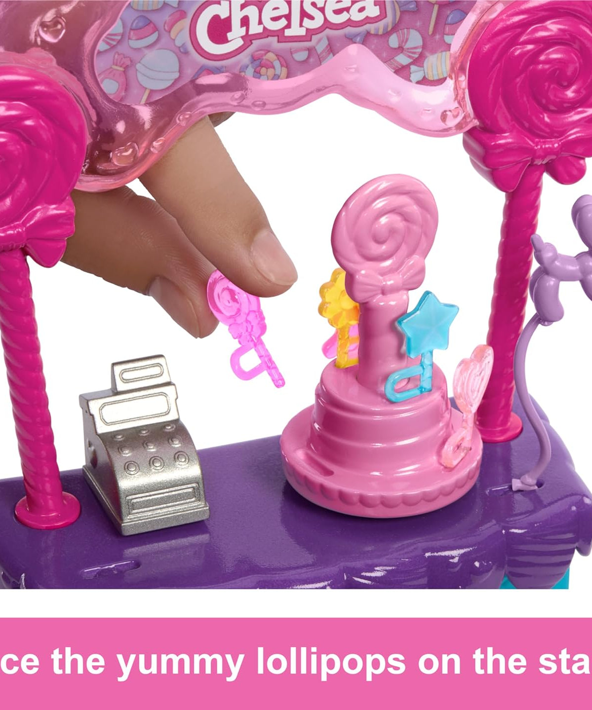 Barbie Chelsea Doll & Lollipop Stand Playset with Spinning Candy Display, Lollipops, Teddy Bear, Balloons & Accessories – 10-Piece Toy Set Inspired by Barbie and Stacie to the Rescue – HRM07