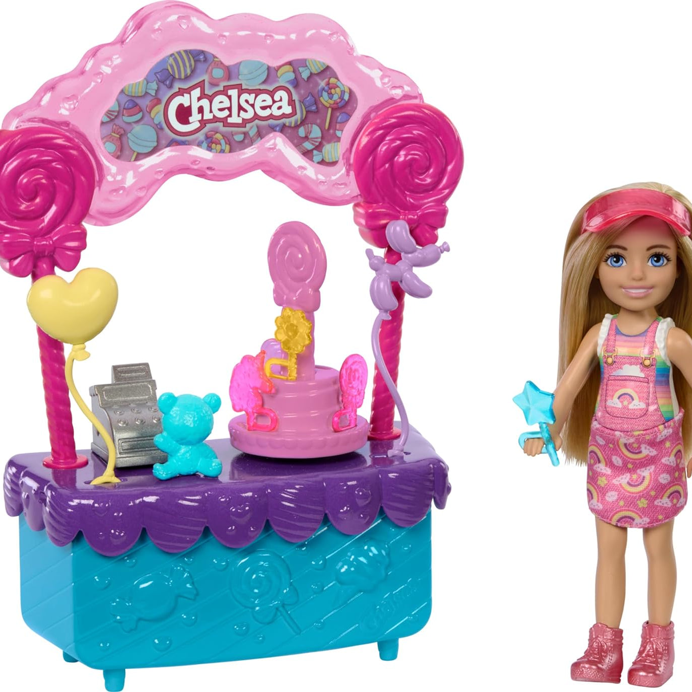 Barbie Chelsea Doll & Lollipop Stand Playset with Spinning Candy Display, Lollipops, Teddy Bear, Balloons & Accessories – 10-Piece Toy Set Inspired by Barbie and Stacie to the Rescue – HRM07