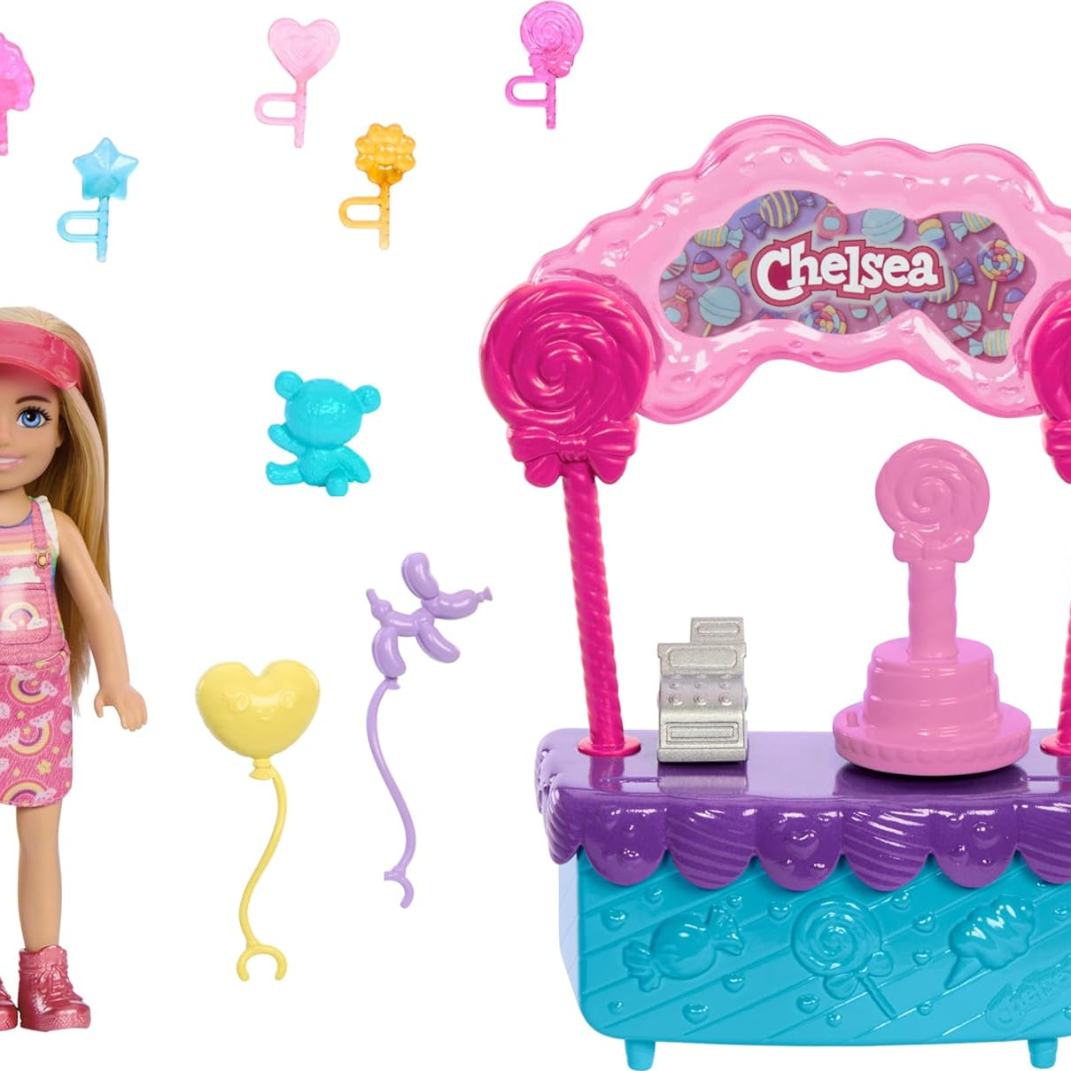 Barbie Chelsea Doll & Lollipop Stand Playset with Spinning Candy Display, Lollipops, Teddy Bear, Balloons & Accessories – 10-Piece Toy Set Inspired by Barbie and Stacie to the Rescue – HRM07