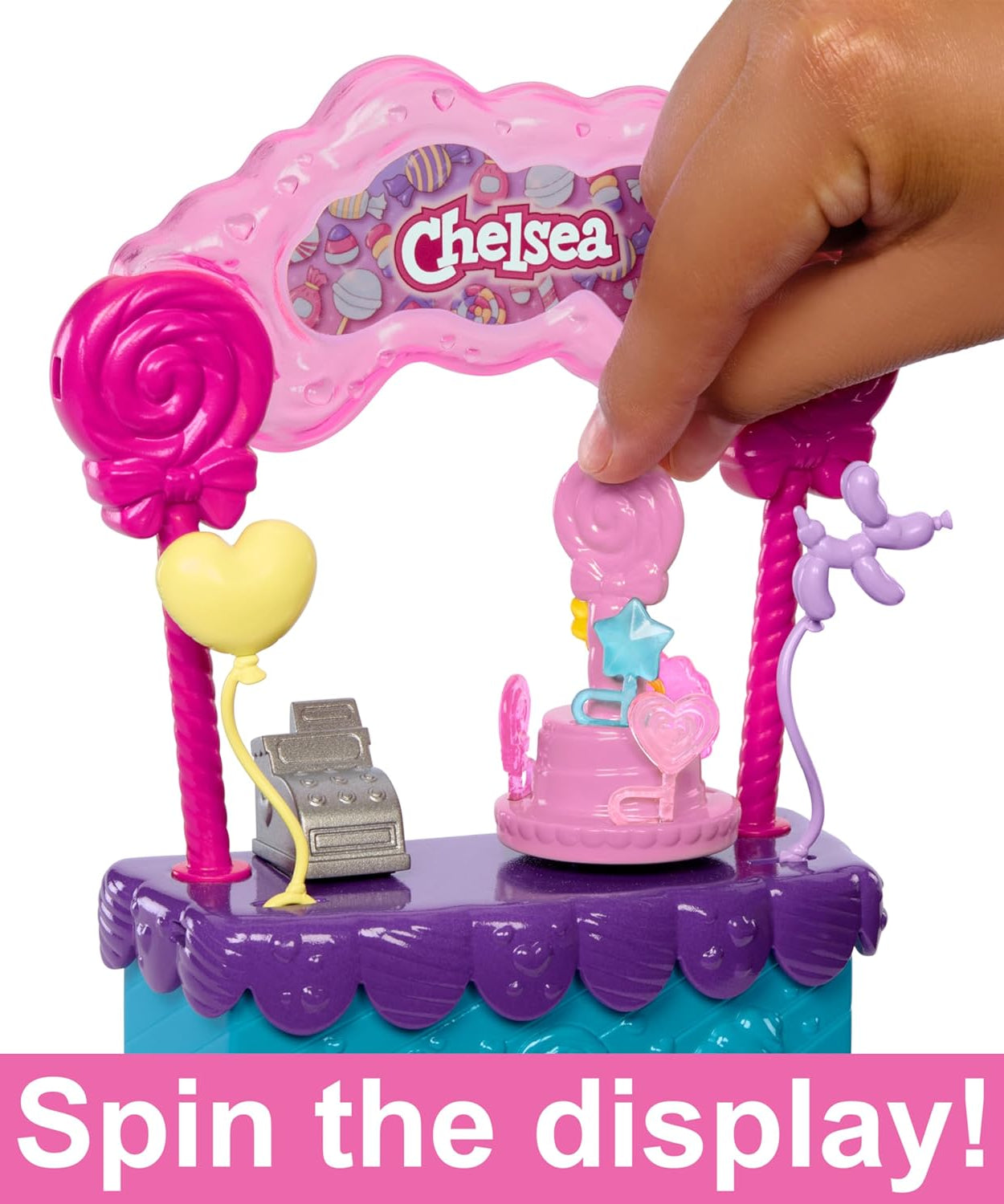 Barbie Chelsea Doll & Lollipop Stand Playset with Spinning Candy Display, Lollipops, Teddy Bear, Balloons & Accessories – 10-Piece Toy Set Inspired by Barbie and Stacie to the Rescue – HRM07
