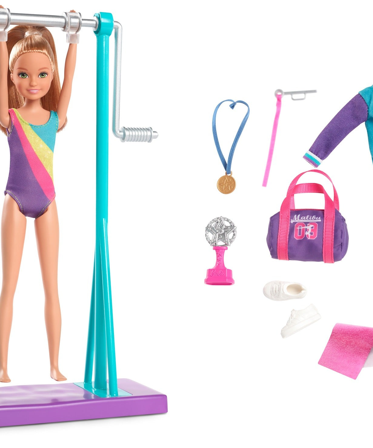 Barbie Team Stacie Gymnastics Doll & Playset – Spinning Bar, Gymnast Accessories, Medal, Trophy & Gym Bag – Perfect Sports-Themed Toy for Kids Ages 3+ | GBK59