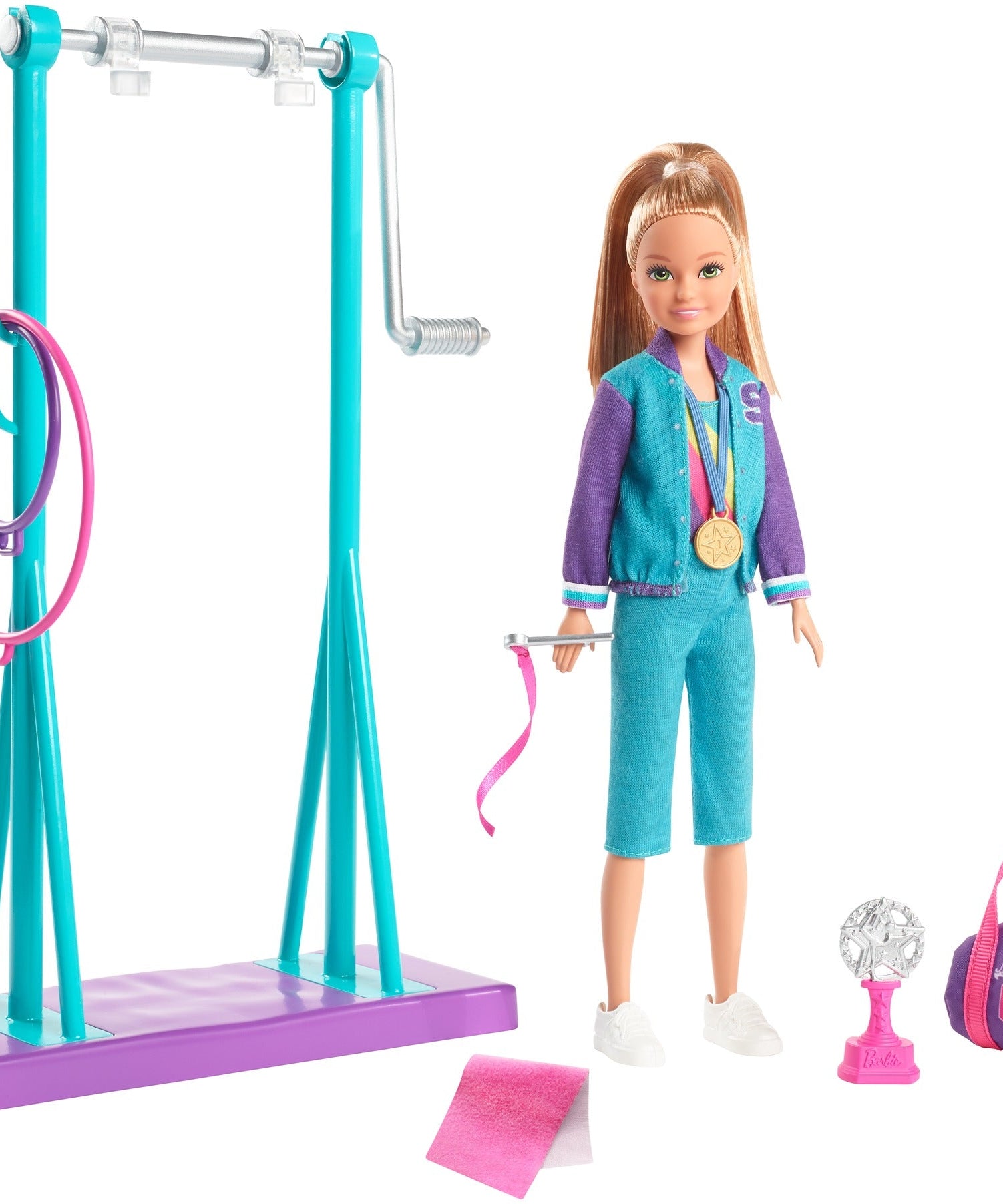 Barbie Team Stacie Gymnastics Doll & Playset – Spinning Bar, Gymnast Accessories, Medal, Trophy & Gym Bag – Perfect Sports-Themed Toy for Kids Ages 3+ | GBK59