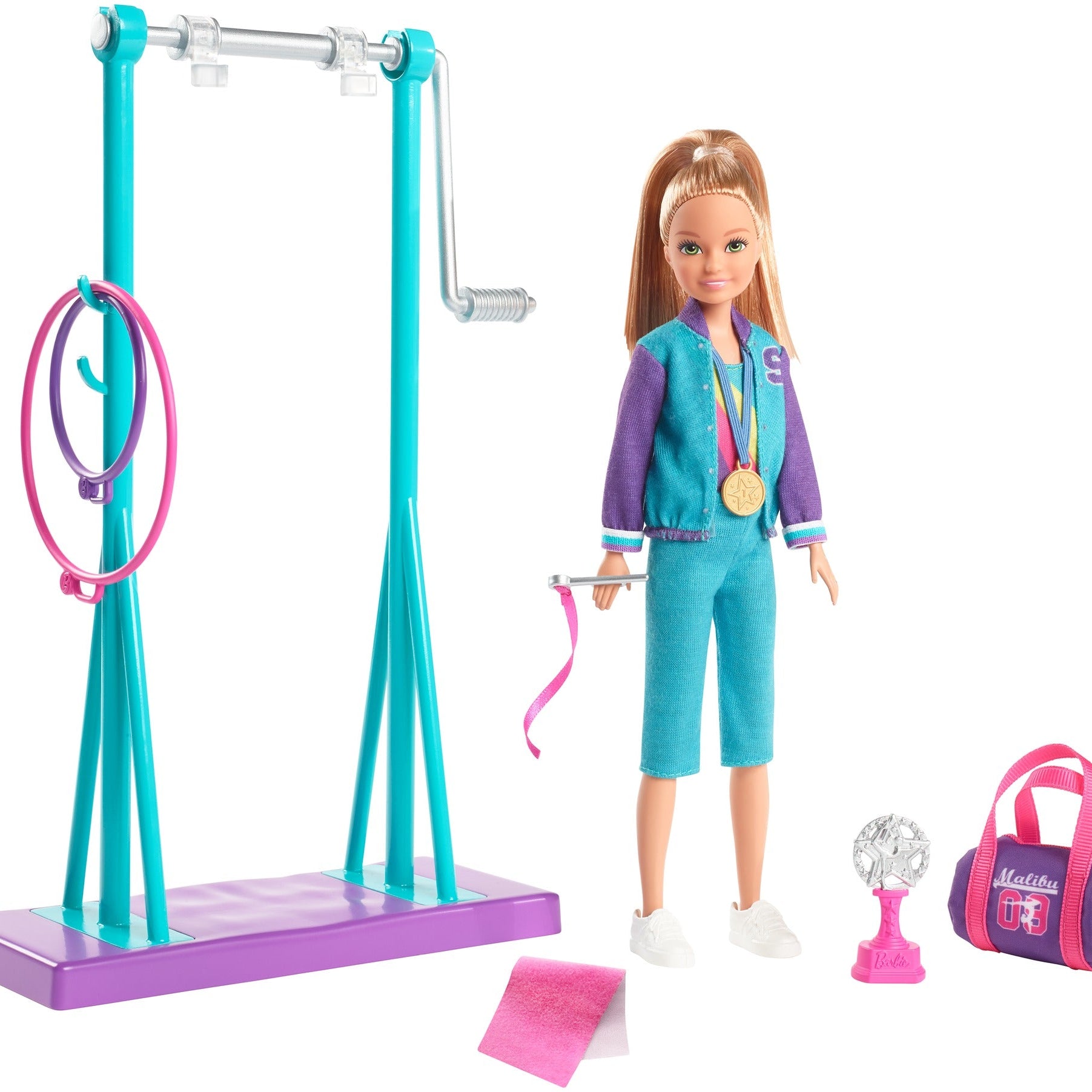 Barbie Team Stacie Gymnastics Doll & Playset – Spinning Bar, Gymnast Accessories, Medal, Trophy & Gym Bag – Perfect Sports-Themed Toy for Kids Ages 3+ | GBK59