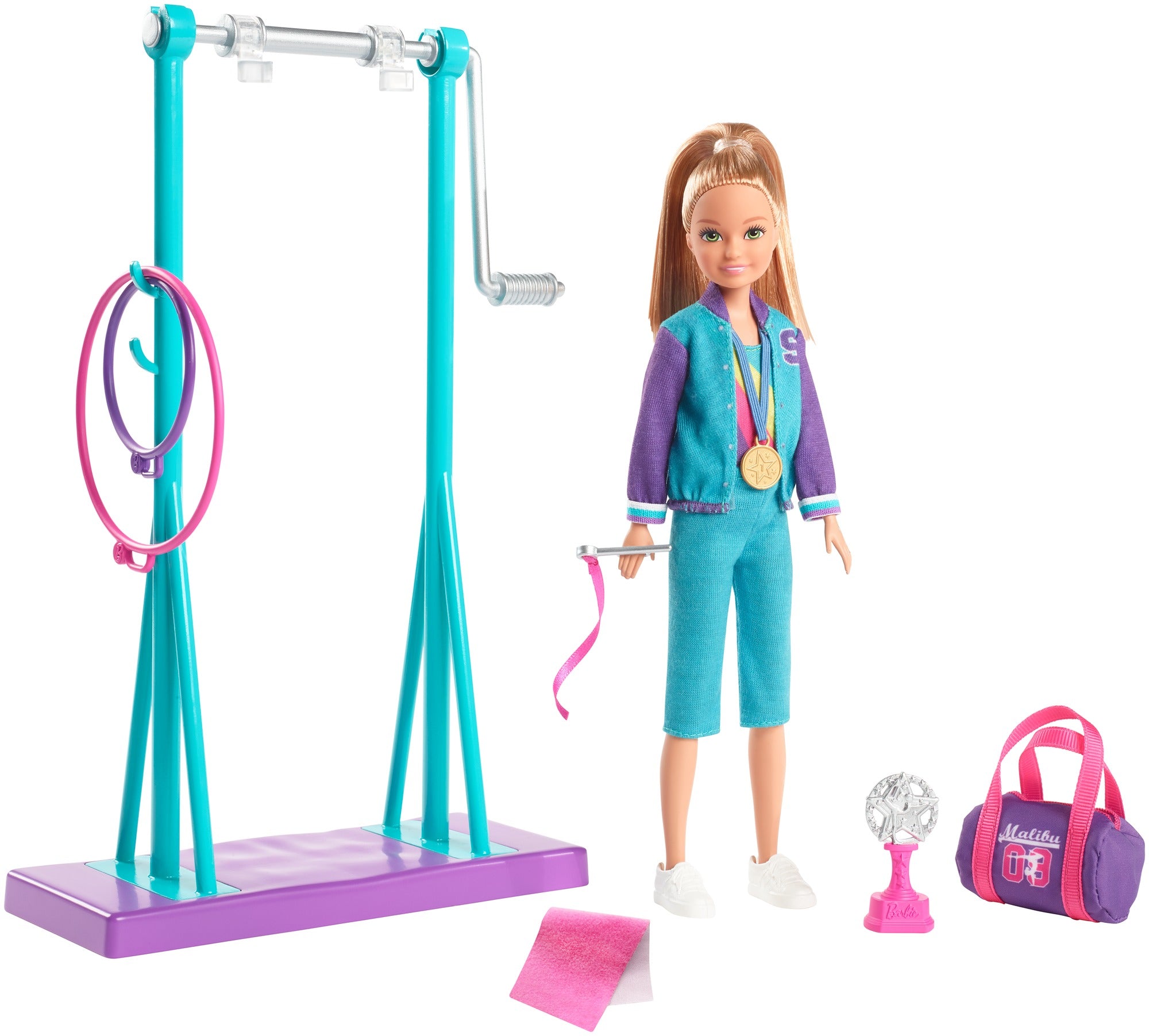Barbie Team Stacie Gymnastics Doll & Playset – Spinning Bar, Gymnast Accessories, Medal, Trophy & Gym Bag – Perfect Sports-Themed Toy for Kids Ages 3+ | GBK59