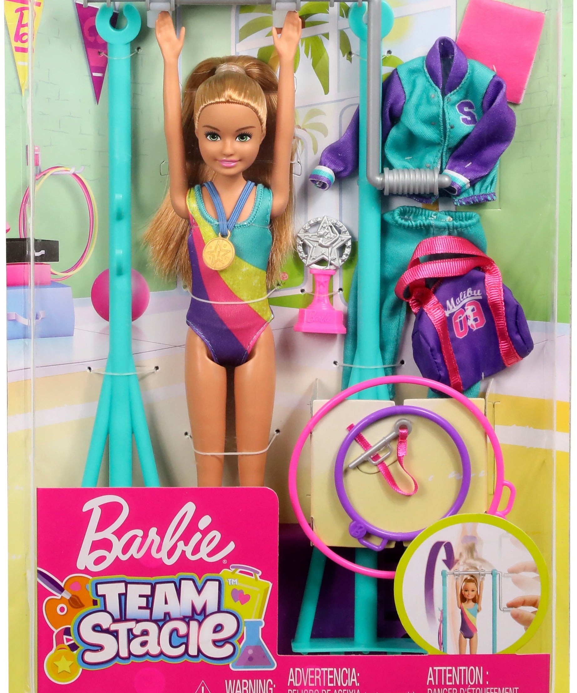 Barbie Team Stacie Gymnastics Doll & Playset – Spinning Bar, Gymnast Accessories, Medal, Trophy & Gym Bag – Perfect Sports-Themed Toy for Kids Ages 3+ | GBK59