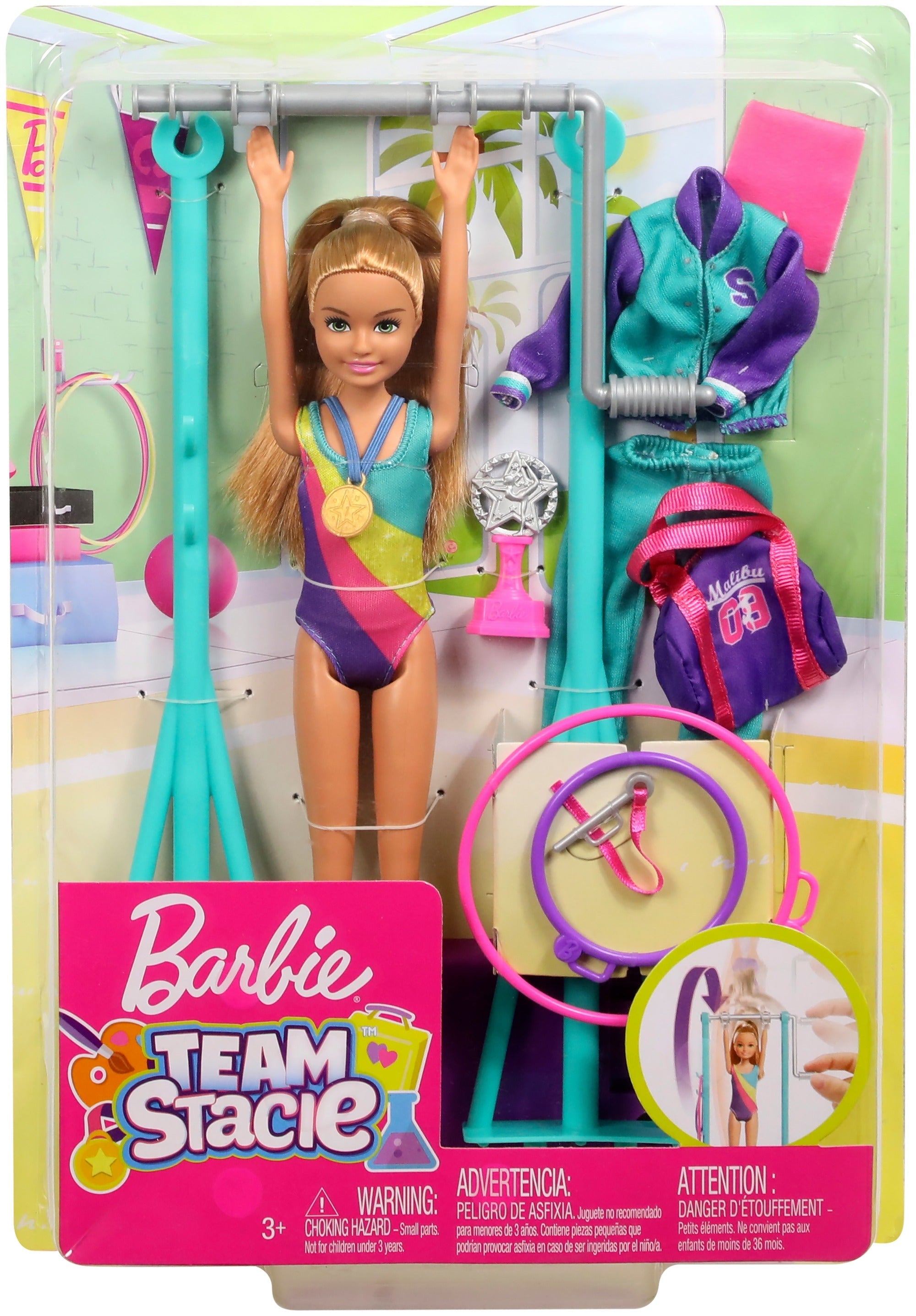Barbie Team Stacie Gymnastics Doll & Playset – Spinning Bar, Gymnast Accessories, Medal, Trophy & Gym Bag – Perfect Sports-Themed Toy for Kids Ages 3+ | GBK59
