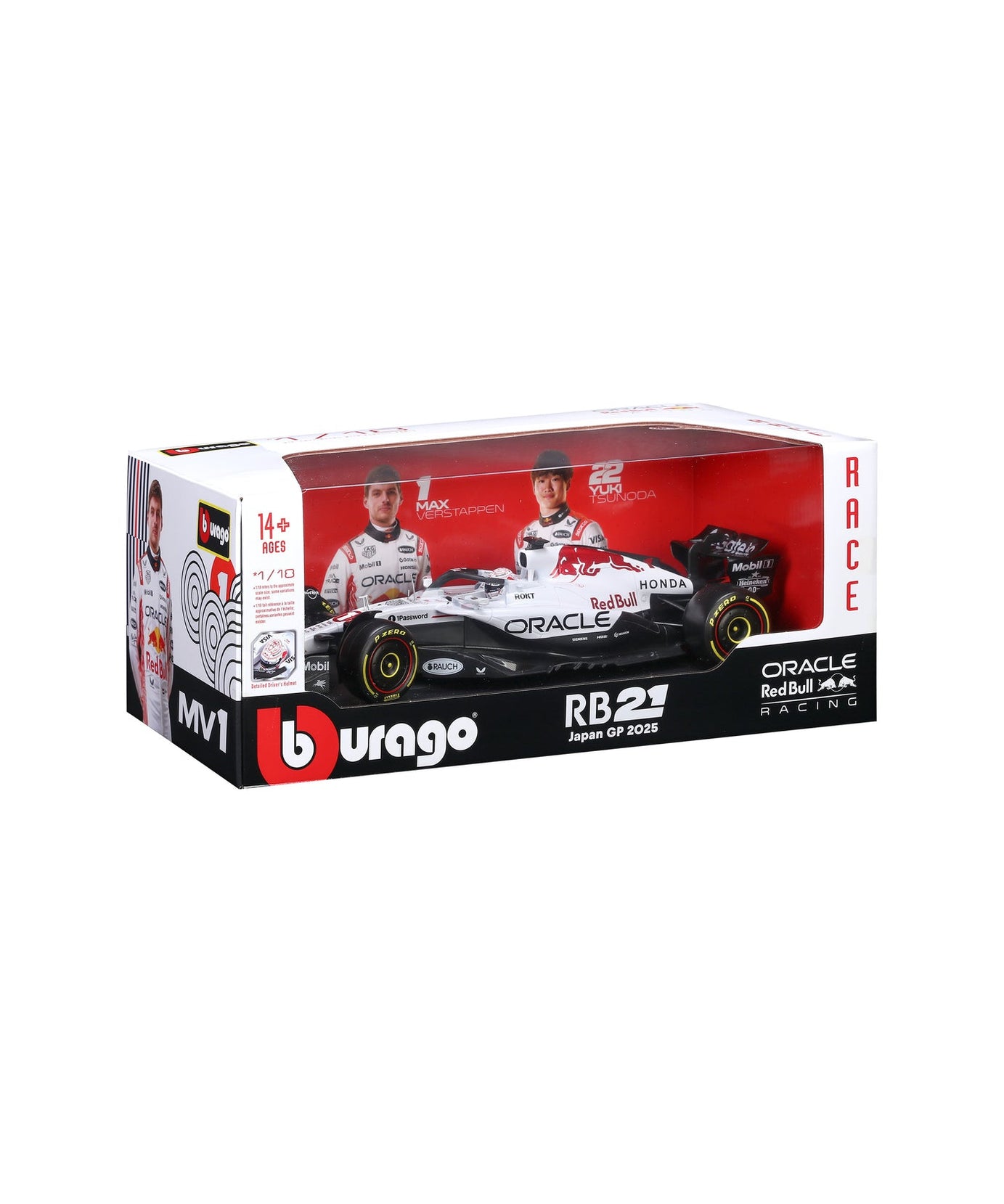 Bburago 1:18 Oracle Red Bull Racing RB21 Japan GP 2025 Special Edition | Max Verstappen & Yuki Tsunoda Die-Cast Model Car | White & Red Honda Liery