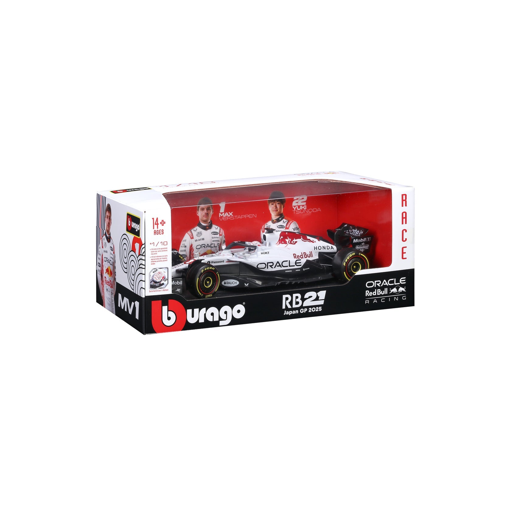 Bburago 1:18 Oracle Red Bull Racing RB21 Japan GP 2025 Special Edition | Max Verstappen & Yuki Tsunoda Die-Cast Model Car | White & Red Honda Liery