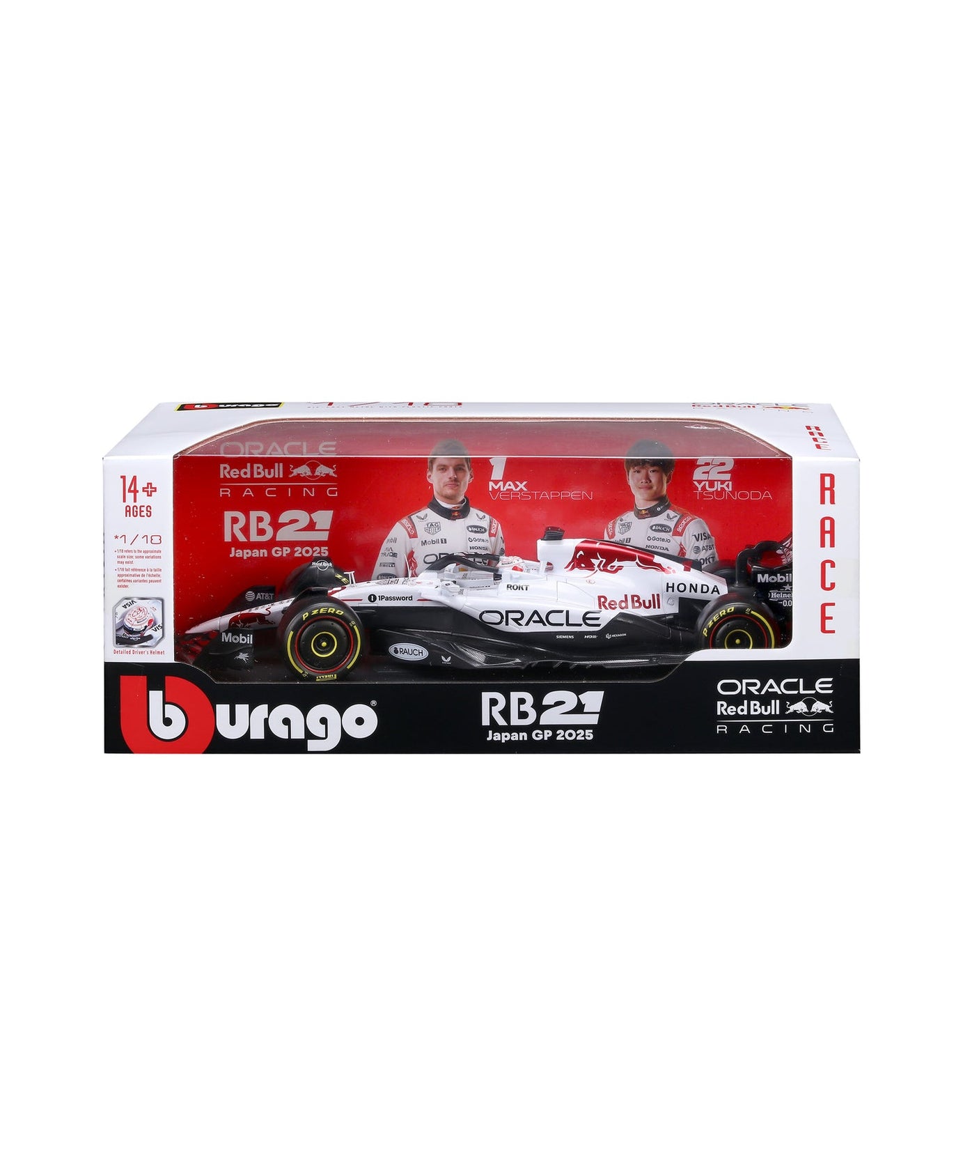 Bburago 1:18 Oracle Red Bull Racing RB21 Japan GP 2025 Special Edition | Max Verstappen & Yuki Tsunoda Die-Cast Model Car | White & Red Honda Liery