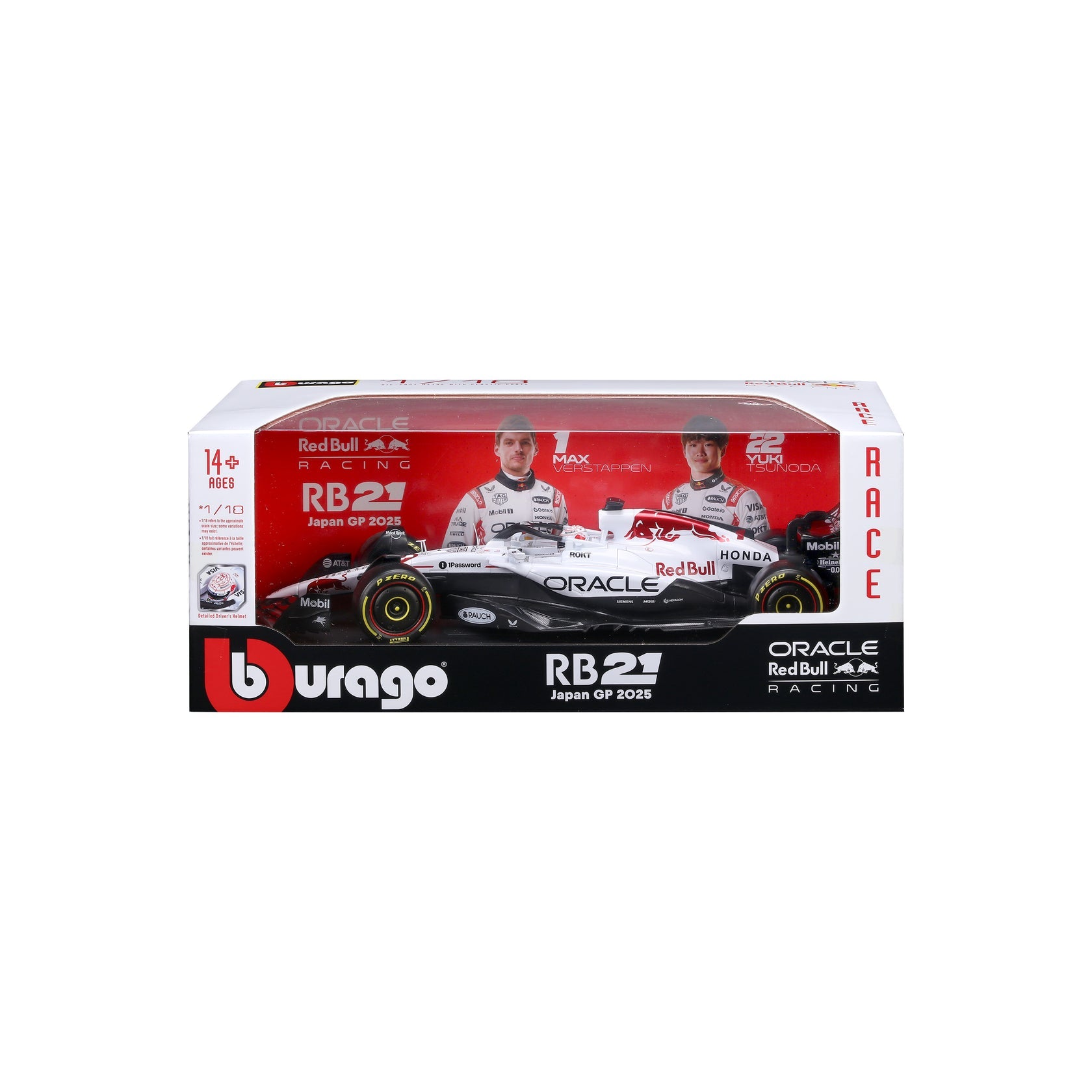 Bburago 1:18 Oracle Red Bull Racing RB21 Japan GP 2025 Special Edition | Max Verstappen & Yuki Tsunoda Die-Cast Model Car | White & Red Honda Liery