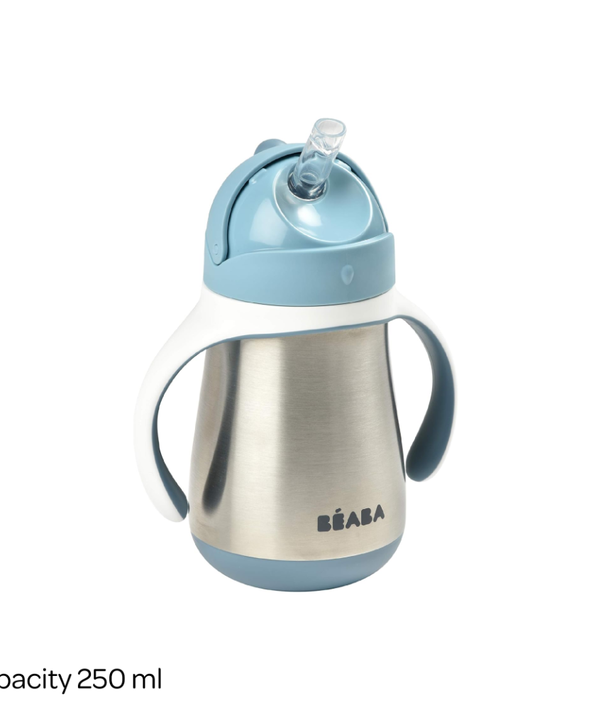 Beaba Stainless Steel Straw Cup with Bottle Brush | 250ml | Premium 316 Inox Stainless Steel | Leak-Proof & Easy to Use