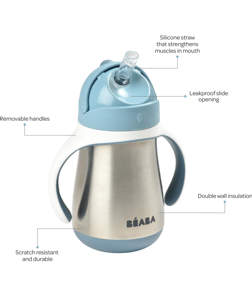 Beaba Stainless Steel Straw Cup with Bottle Brush | 250ml | Premium 316 Inox Stainless Steel | Leak-Proof & Easy to Use