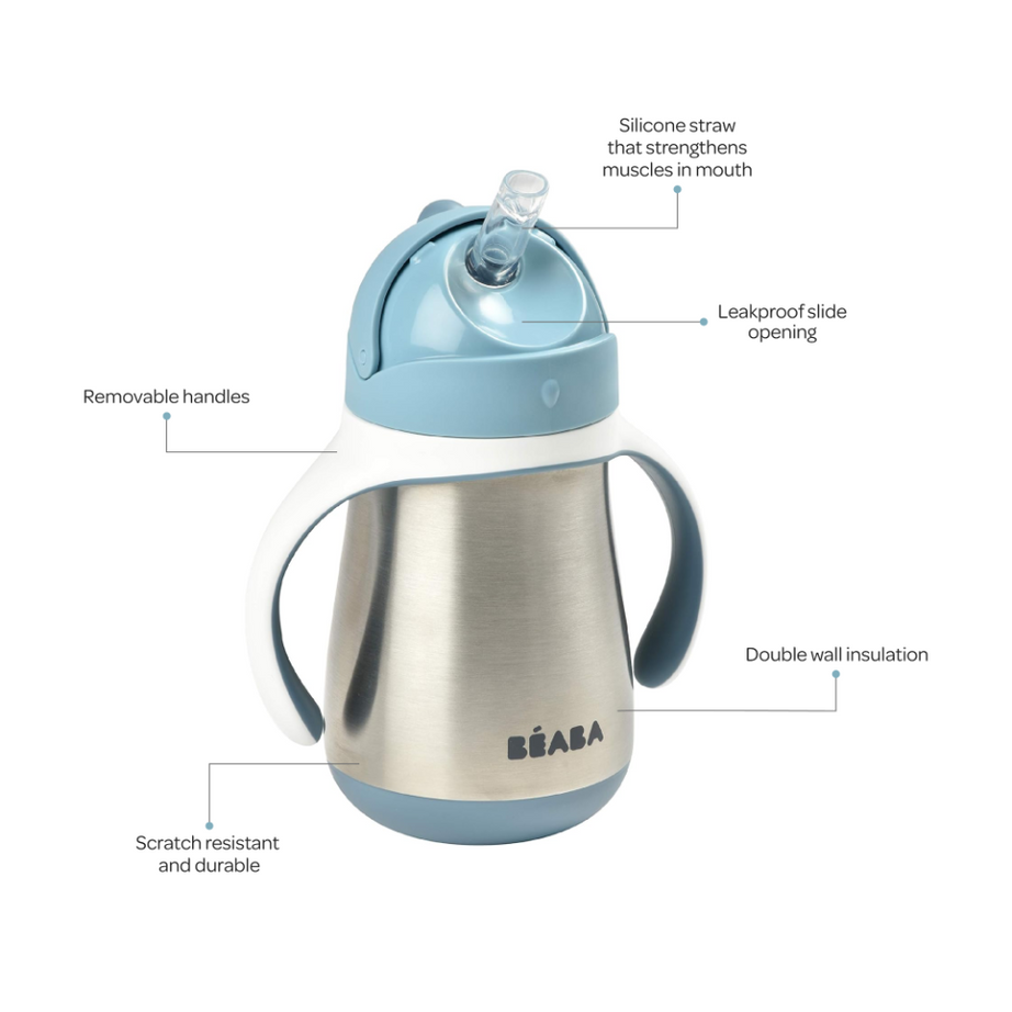 Beaba Stainless Steel Straw Cup with Bottle Brush | 250ml | Premium 316 Inox Stainless Steel | Leak-Proof & Easy to Use