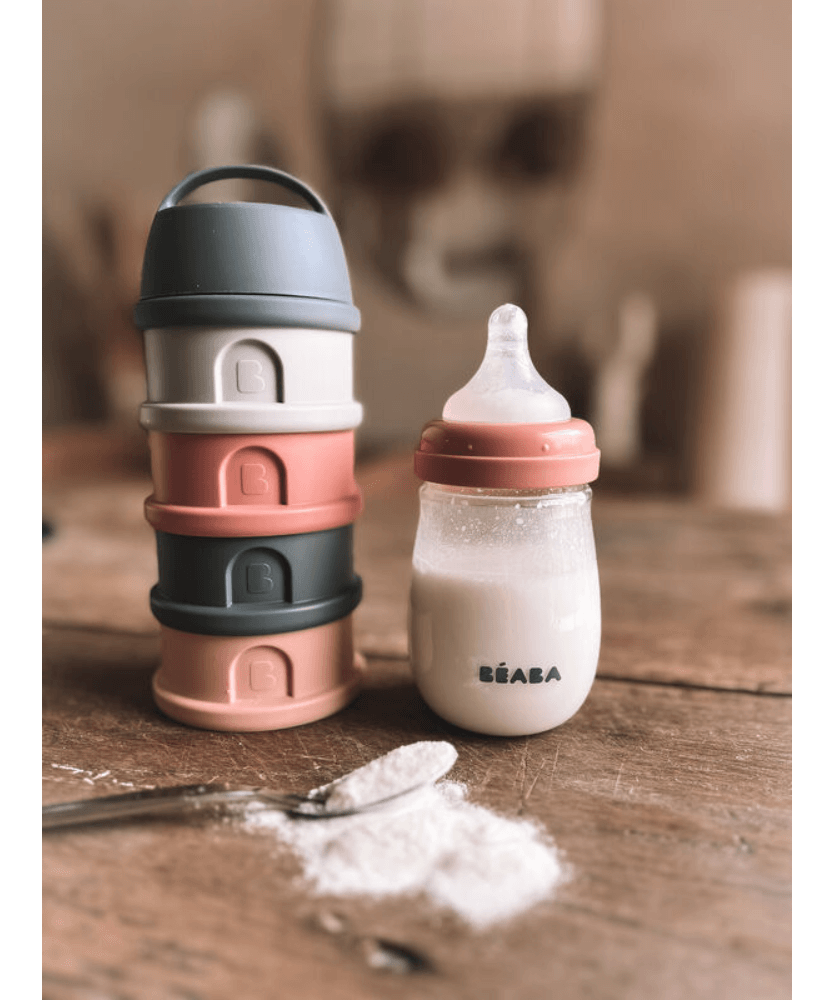 BEABA Stacked Formula Container with 4 Compartments for 0+ Month | Pink Mineral Grey - Portable & BPA Free