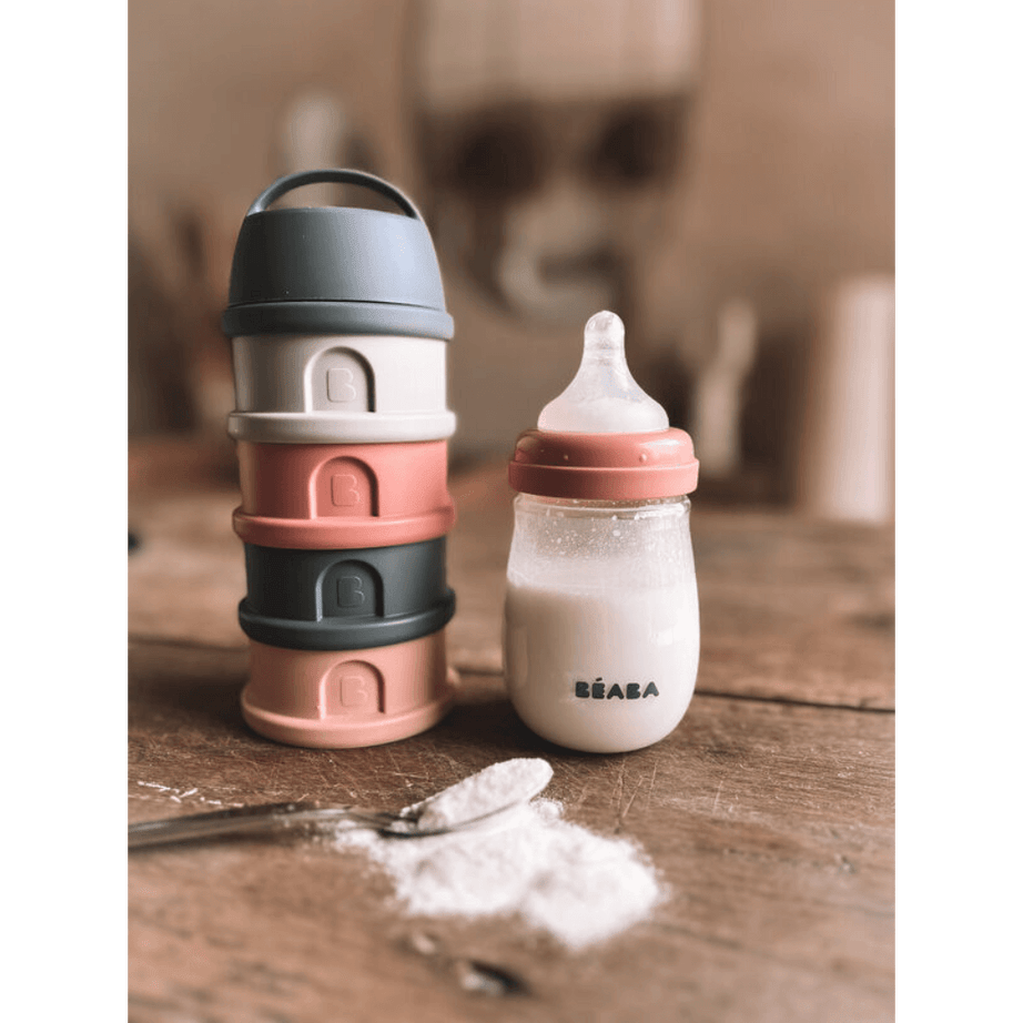 BEABA Stacked Formula Container with 4 Compartments for 0+ Month | Pink Mineral Grey - Portable & BPA Free