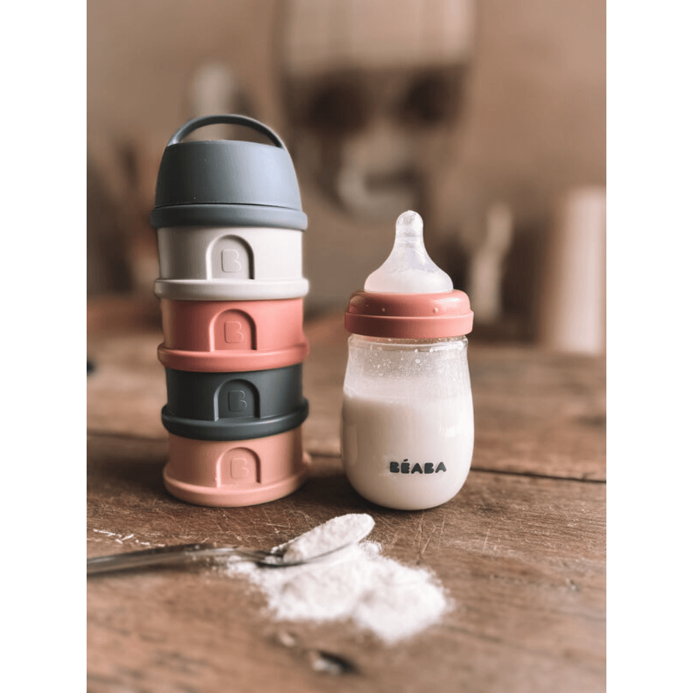 BEABA Stacked Formula Container with 4 Compartments for 0+ Month | Pink Mineral Grey - Portable & BPA Free