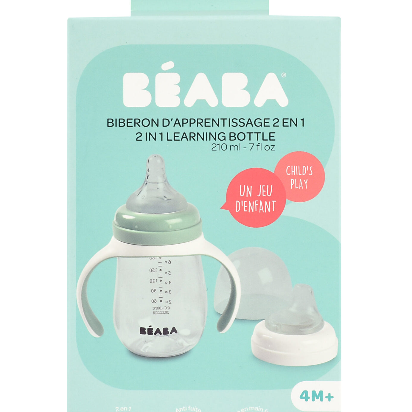 Beaba 2-in-1 Learning Bottle 210ml - Transition Bottle with Soft Spout and Handles for Babies | Leak-Proof and BPA-Free Training Bottle