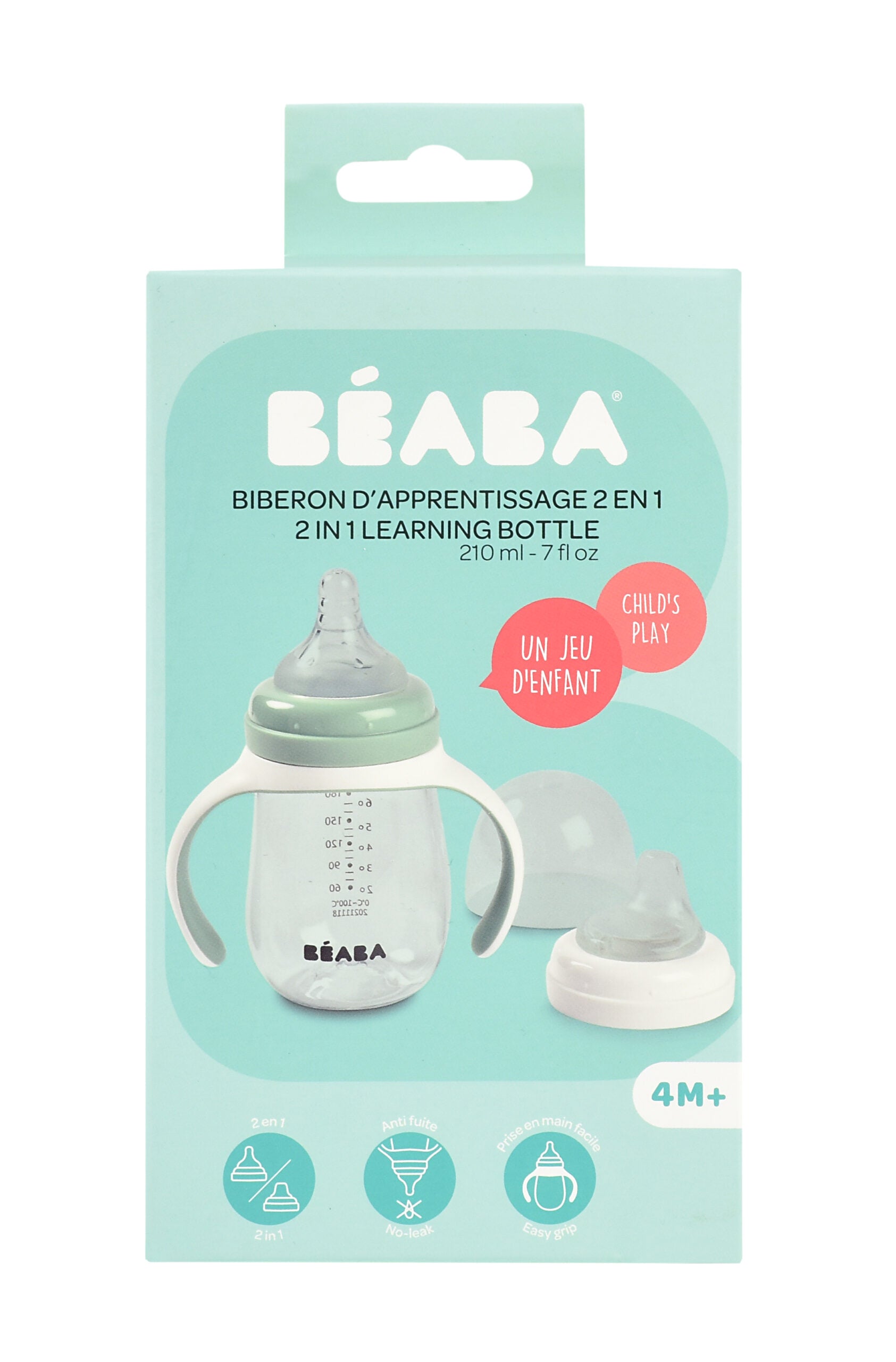 Beaba 2-in-1 Learning Bottle 210ml - Transition Bottle with Soft Spout and Handles for Babies | Leak-Proof and BPA-Free Training Bottle