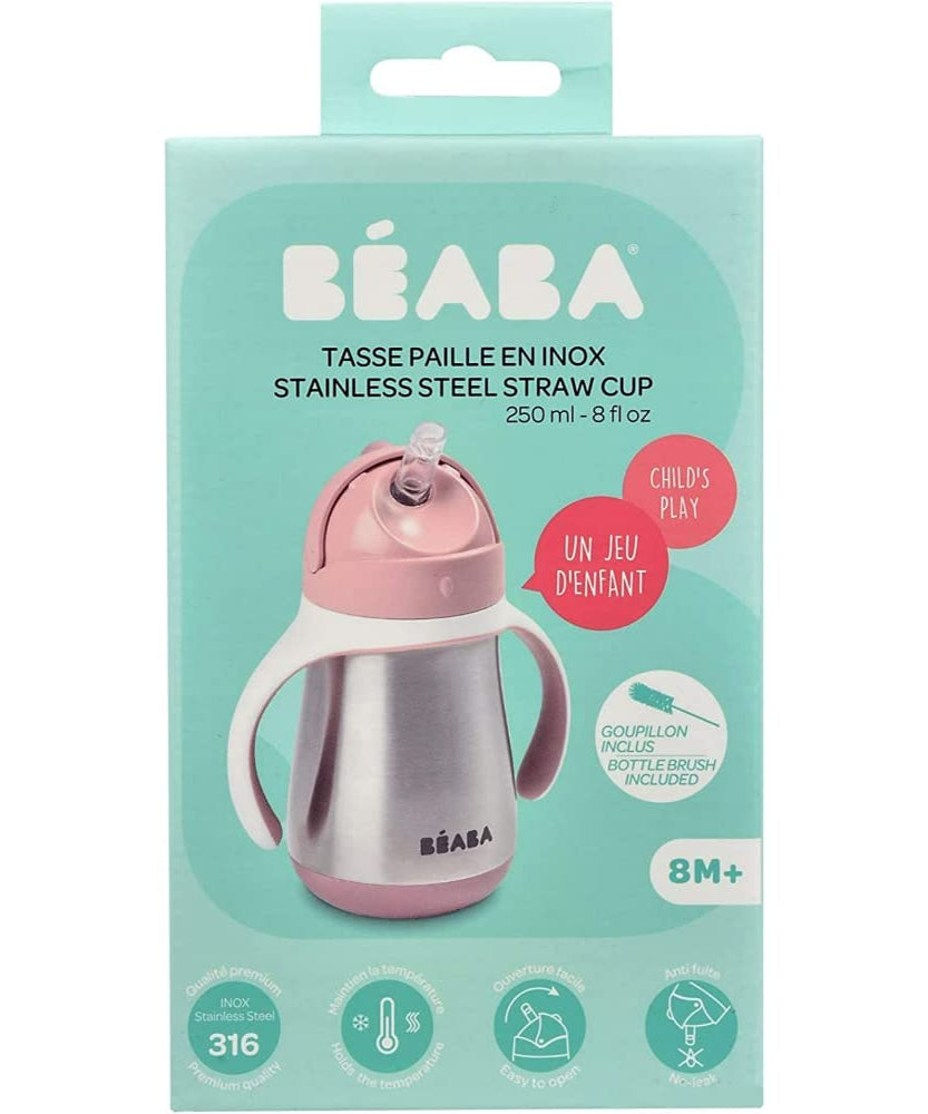 Beaba Stainless Steel Straw Cup with Bottle Brush | 250ml | Premium 316 Inox Stainless Steel | Leak-Proof & Easy to Use