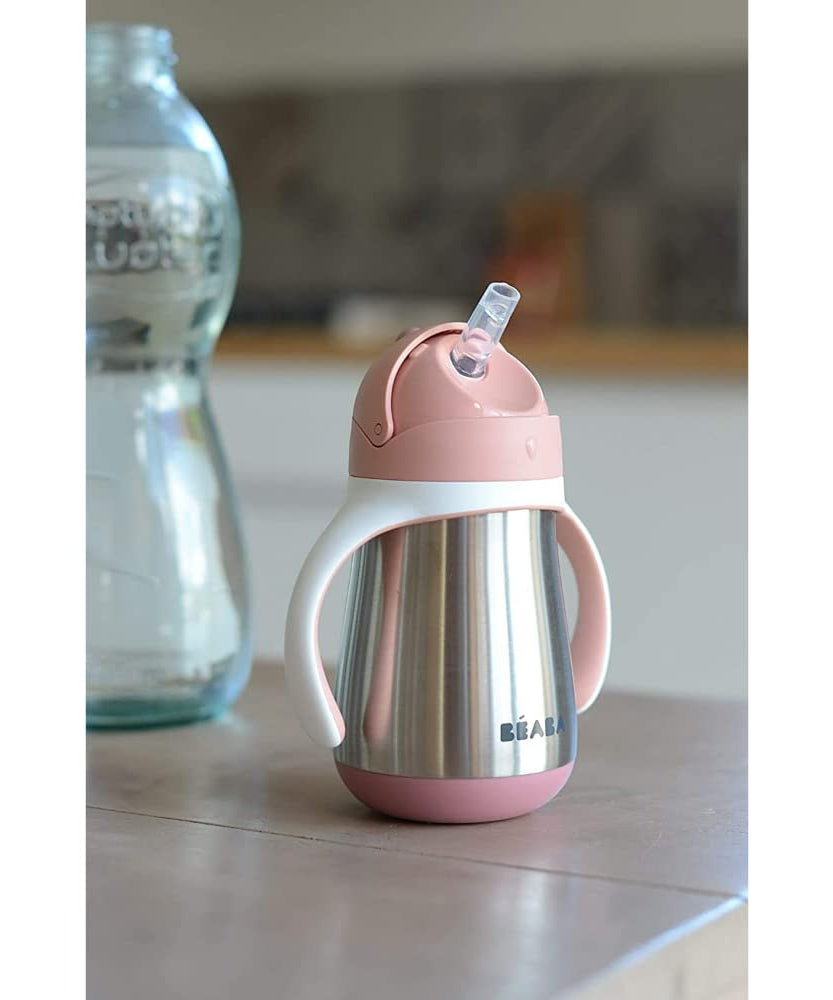 Beaba Stainless Steel Straw Cup with Bottle Brush | 250ml | Premium 316 Inox Stainless Steel | Leak-Proof & Easy to Use