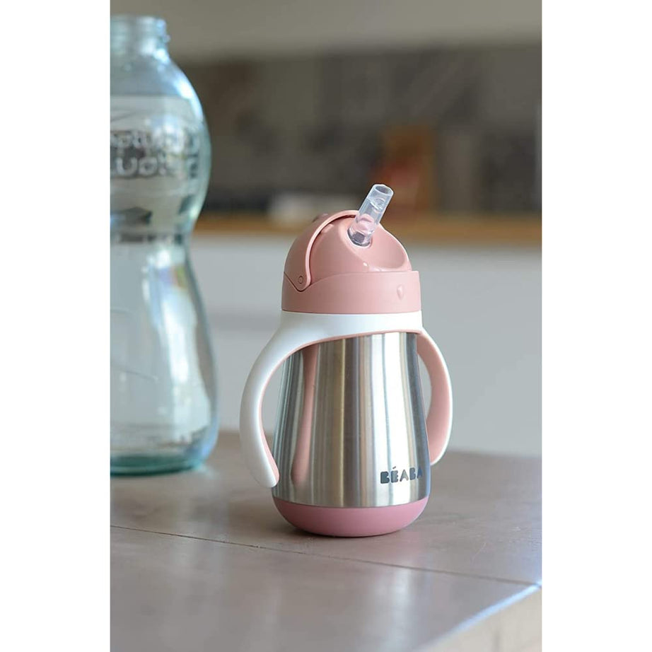Beaba Stainless Steel Straw Cup with Bottle Brush | 250ml | Premium 316 Inox Stainless Steel | Leak-Proof & Easy to Use