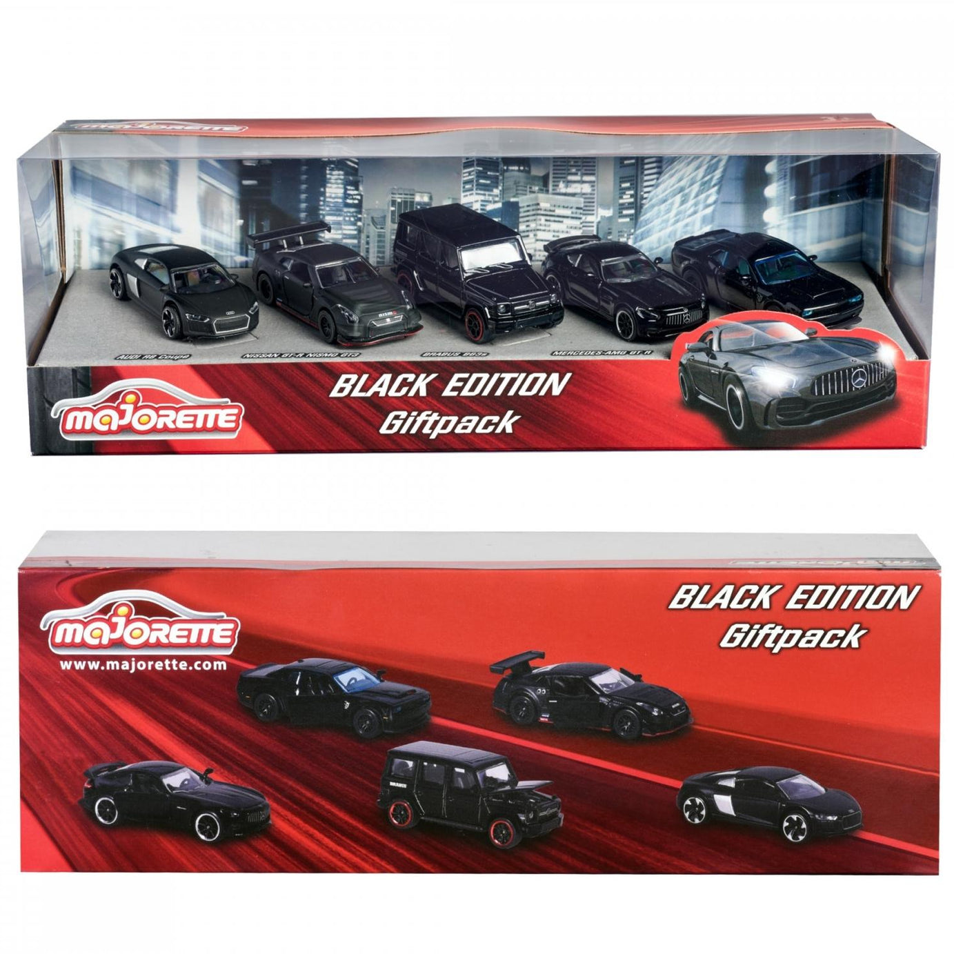 Majorette Black Edition 5 Pieces Giftpack – 1:64 Scale Die-Cast Cars | Premium Black-Themed Collection | Includes Mercedes-AMG GT R, Dodge Challenger SRT Demon, Nissan GT-R Nismo GT3, Brabus B63s, and Audi R8 Coupé – 7.5 cm Metal Toy Cars