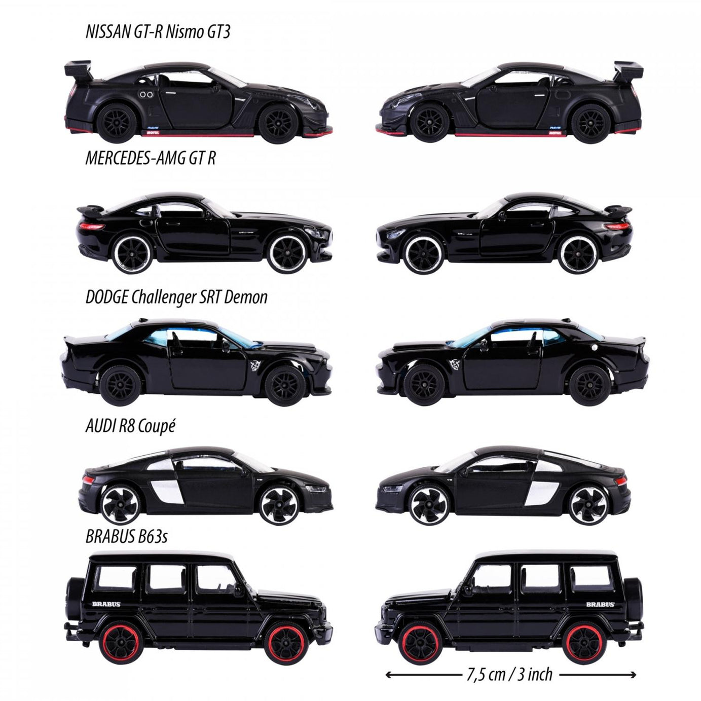 Majorette Black Edition 5 Pieces Giftpack – 1:64 Scale Die-Cast Cars | Premium Black-Themed Collection | Includes Mercedes-AMG GT R, Dodge Challenger SRT Demon, Nissan GT-R Nismo GT3, Brabus B63s, and Audi R8 Coupé – 7.5 cm Metal Toy Cars