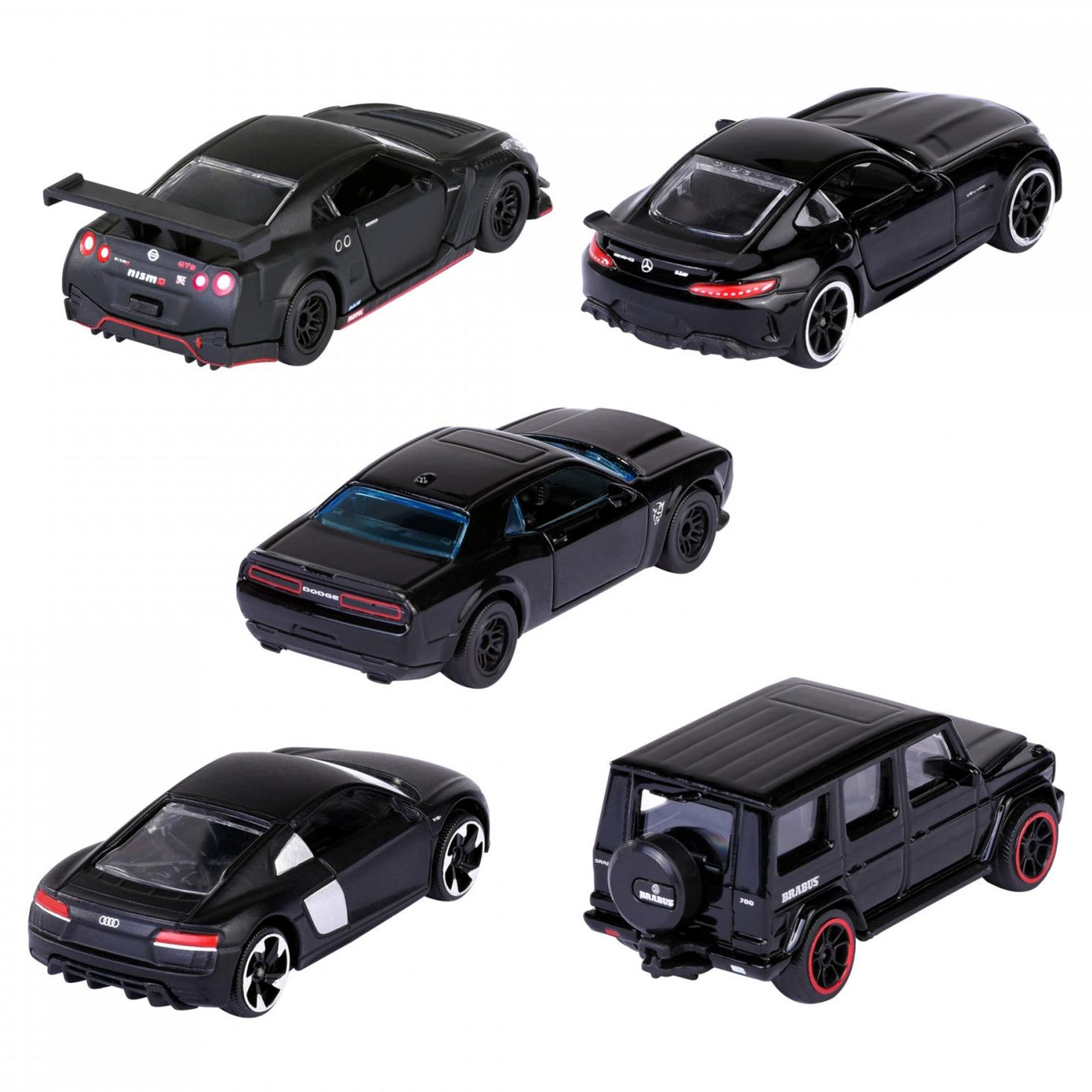 Majorette Black Edition 5 Pieces Giftpack – 1:64 Scale Die-Cast Cars | Premium Black-Themed Collection | Includes Mercedes-AMG GT R, Dodge Challenger SRT Demon, Nissan GT-R Nismo GT3, Brabus B63s, and Audi R8 Coupé – 7.5 cm Metal Toy Cars
