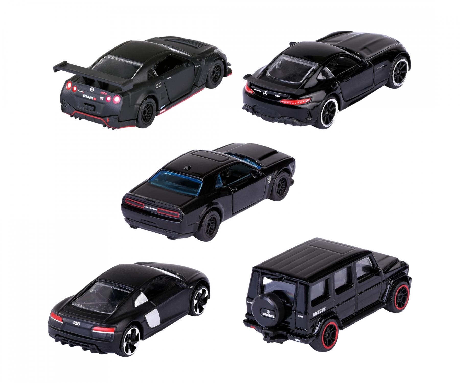 Majorette Black Edition 5 Pieces Giftpack – 1:64 Scale Die-Cast Cars | Premium Black-Themed Collection | Includes Mercedes-AMG GT R, Dodge Challenger SRT Demon, Nissan GT-R Nismo GT3, Brabus B63s, and Audi R8 Coupé – 7.5 cm Metal Toy Cars
